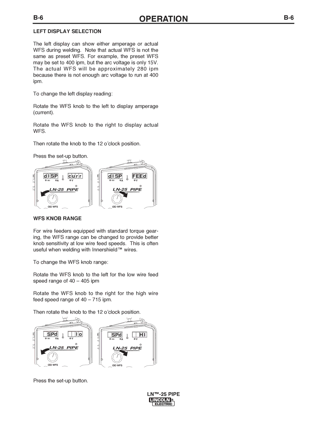 Lincoln Electric IM10056 manual Left Display Selection, WFS KNOb Range 