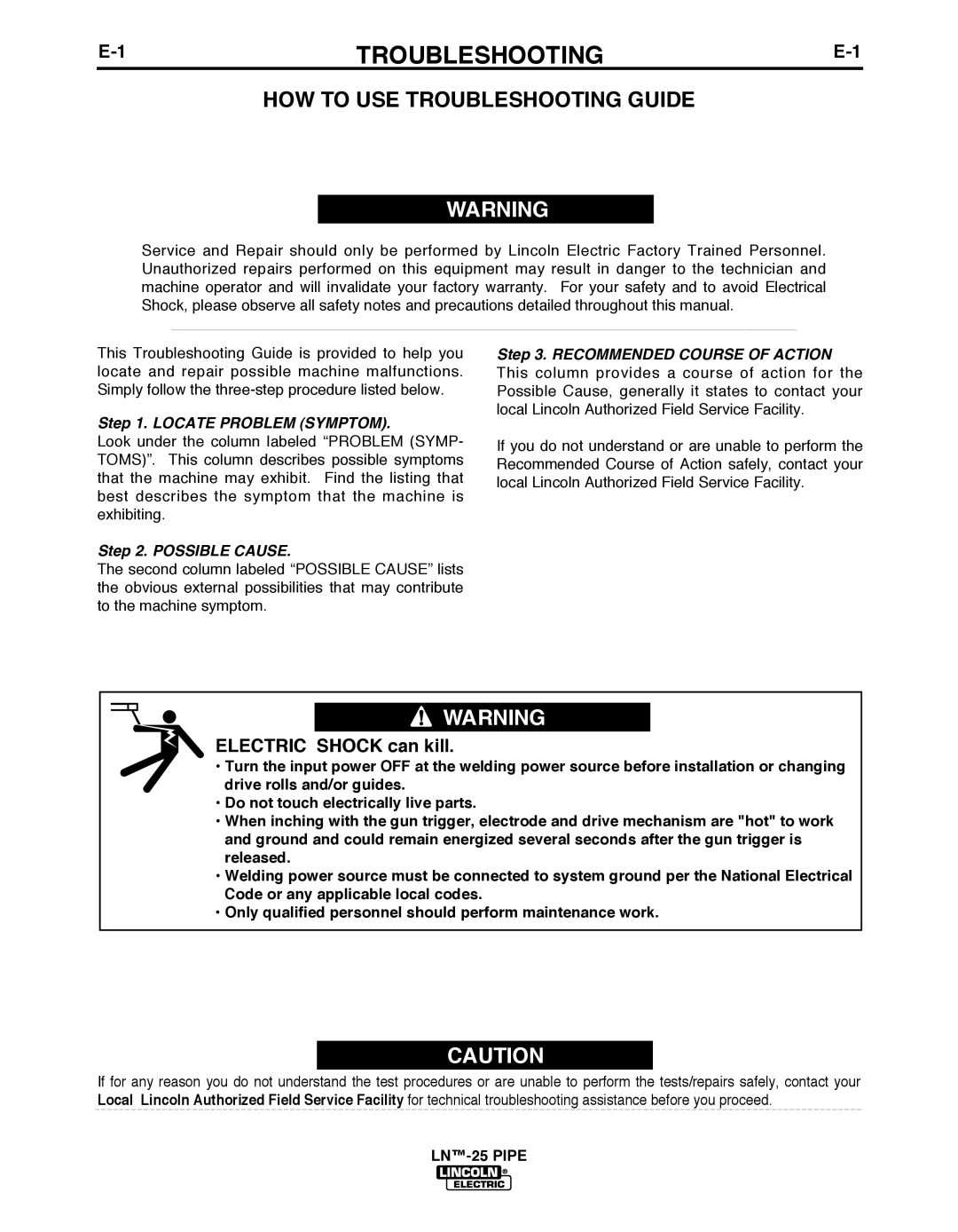 Lincoln Electric IM10056 manual TROUbLESHOOTING, Electric Shock can kill 