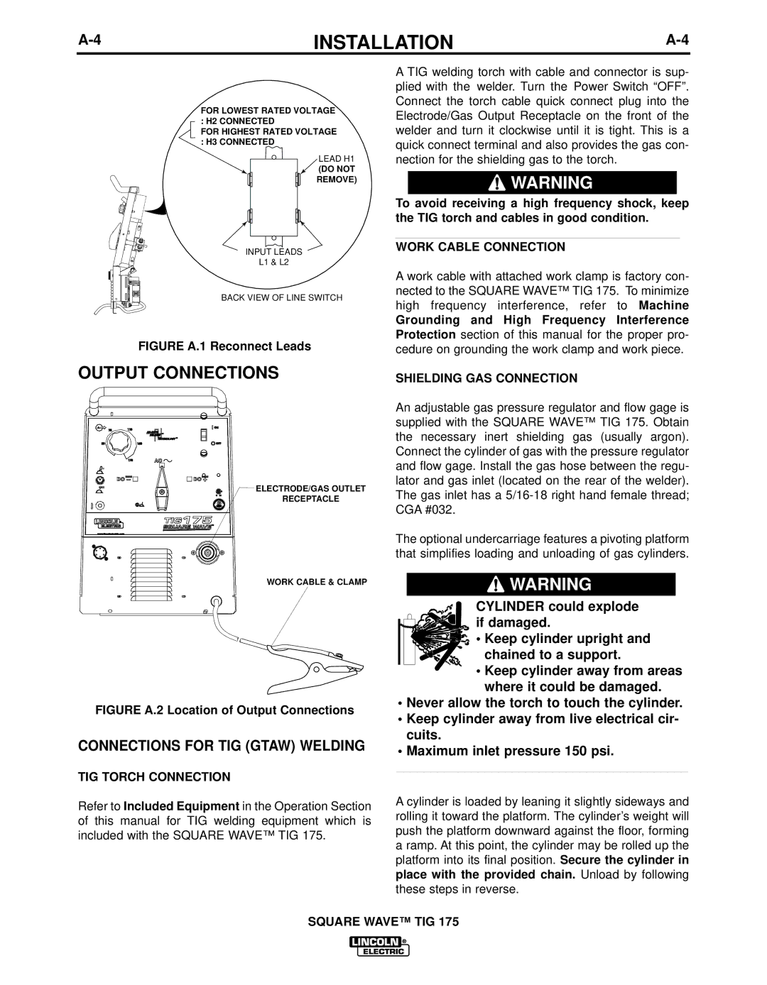 Lincoln Electric IM10059 Output Connections, Connections for TIG Gtaw Welding, TIG Torch Connection, Work Cable Connection 