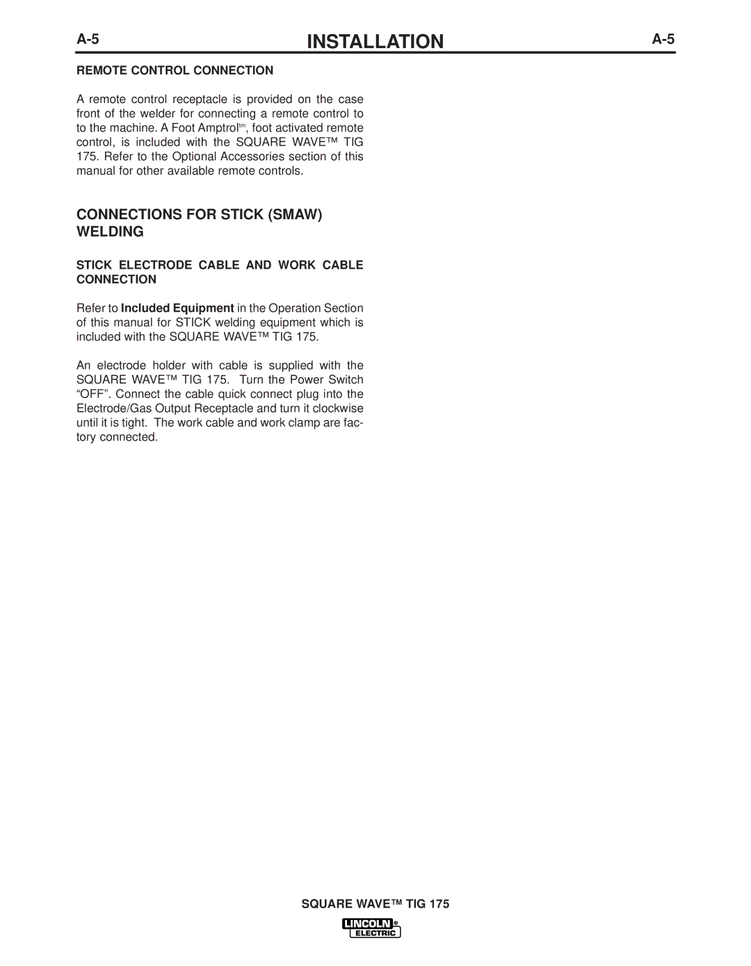 Lincoln Electric IM10059 manual Connections for Stick Smaw Welding, Remote Control Connection 