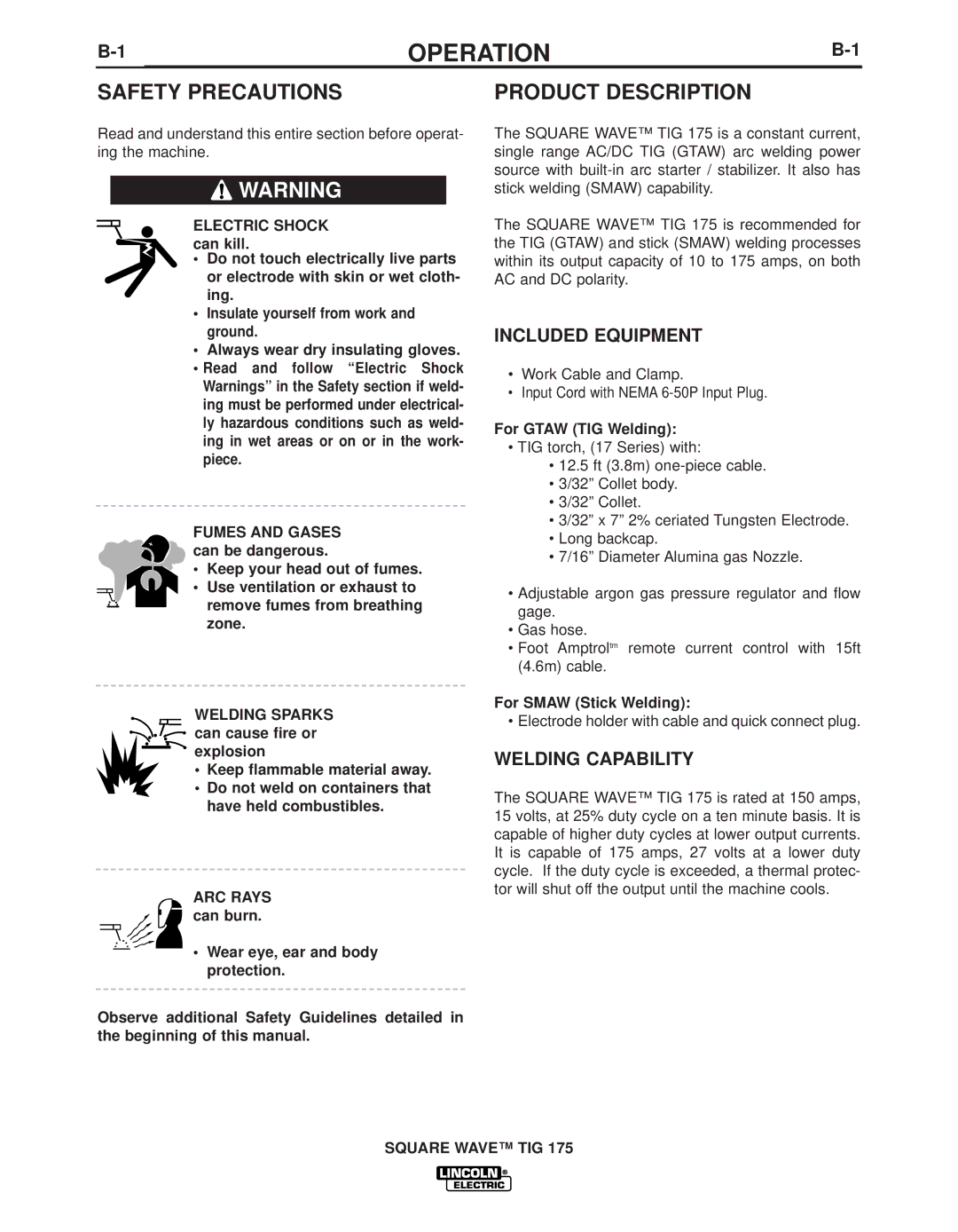 Lincoln Electric IM10059 manual Operation, Product Description, Included Equipment, Welding Capability, Welding Sparks 