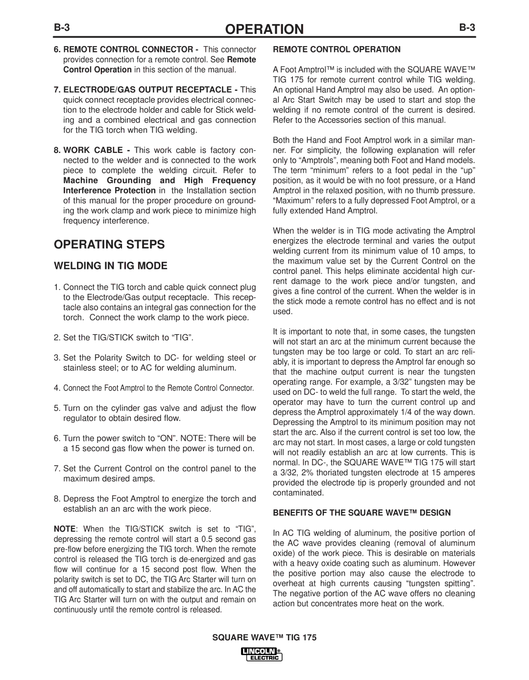 Lincoln Electric IM10059 manual Operating Steps, Welding in TIG Mode, Remote Control Operation 