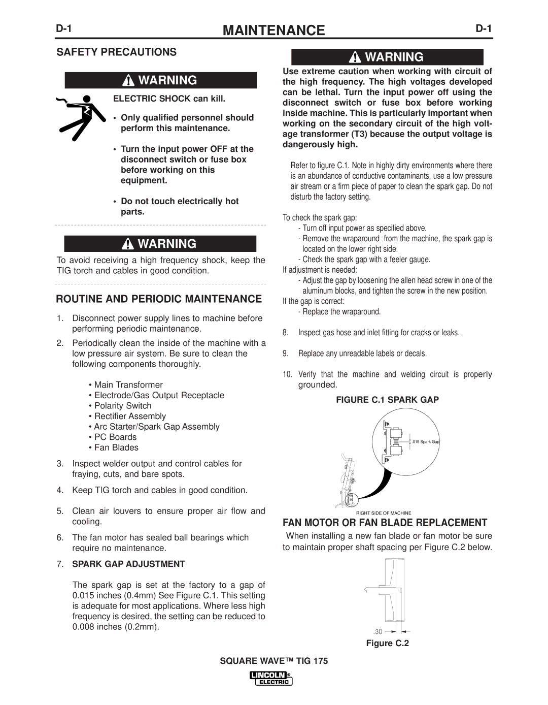 Lincoln Electric IM10059 Safety Precautions, Routine and Periodic Maintenance, FAN Motor or FAN Blade Replacement 