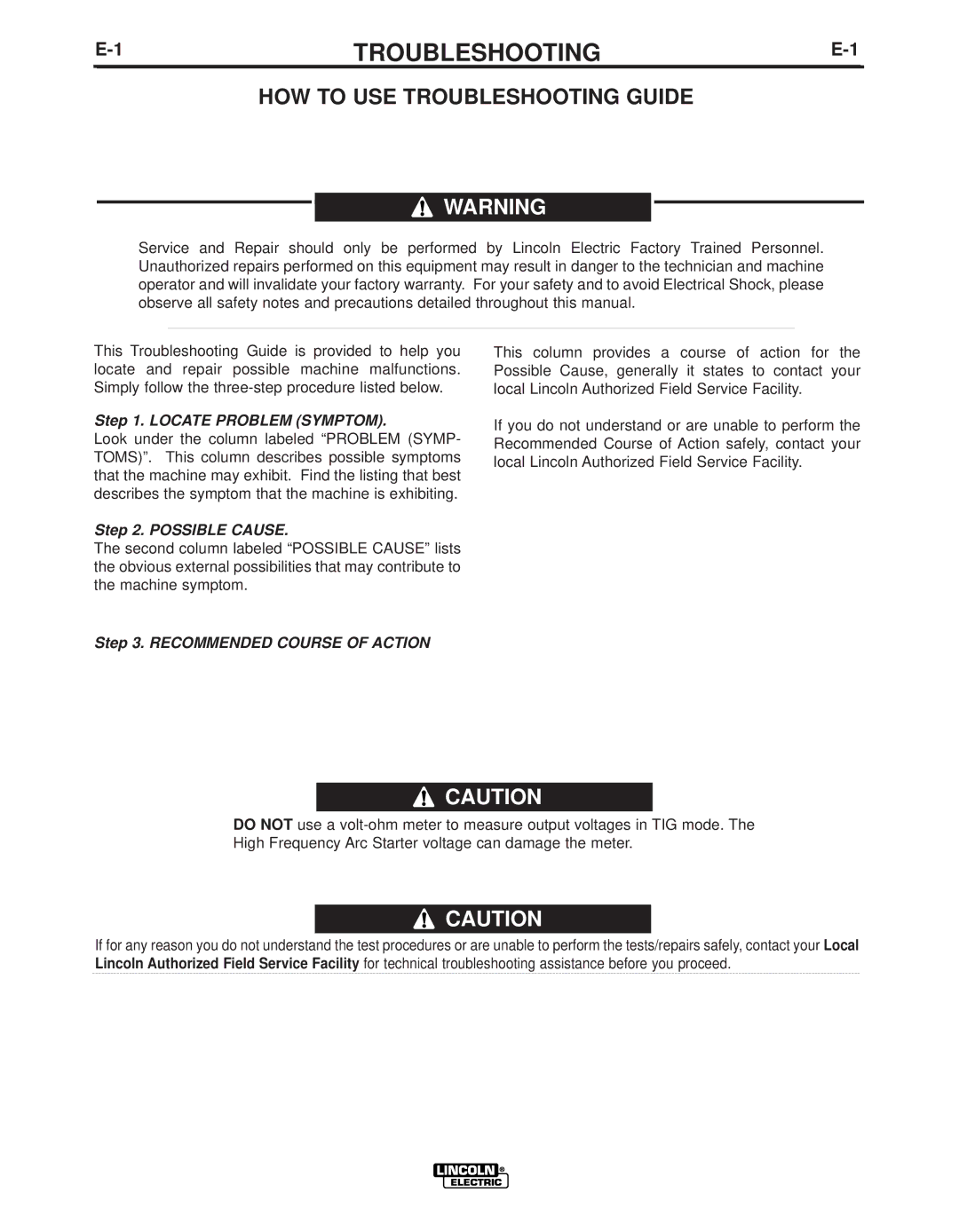 Lincoln Electric IM10059 manual HOW to USE Troubleshooting Guide 