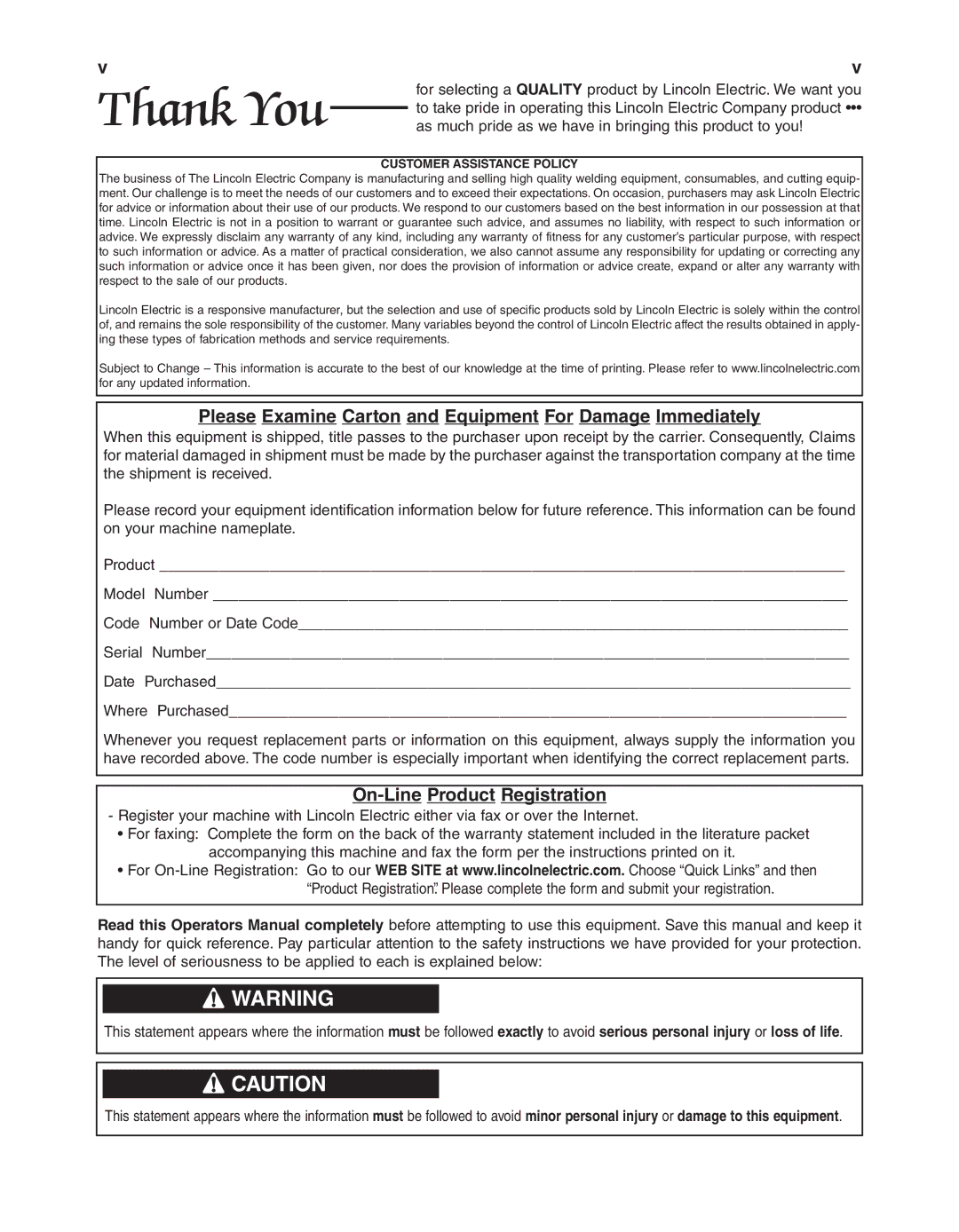 Lincoln Electric IM10059 manual Thank You 