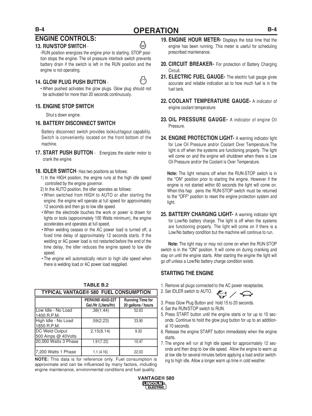 Lincoln Electric IM10064 manual Engine Controls, Glow Plug Push Button, Engine Stop Switch, Battery Disconnect Switch 