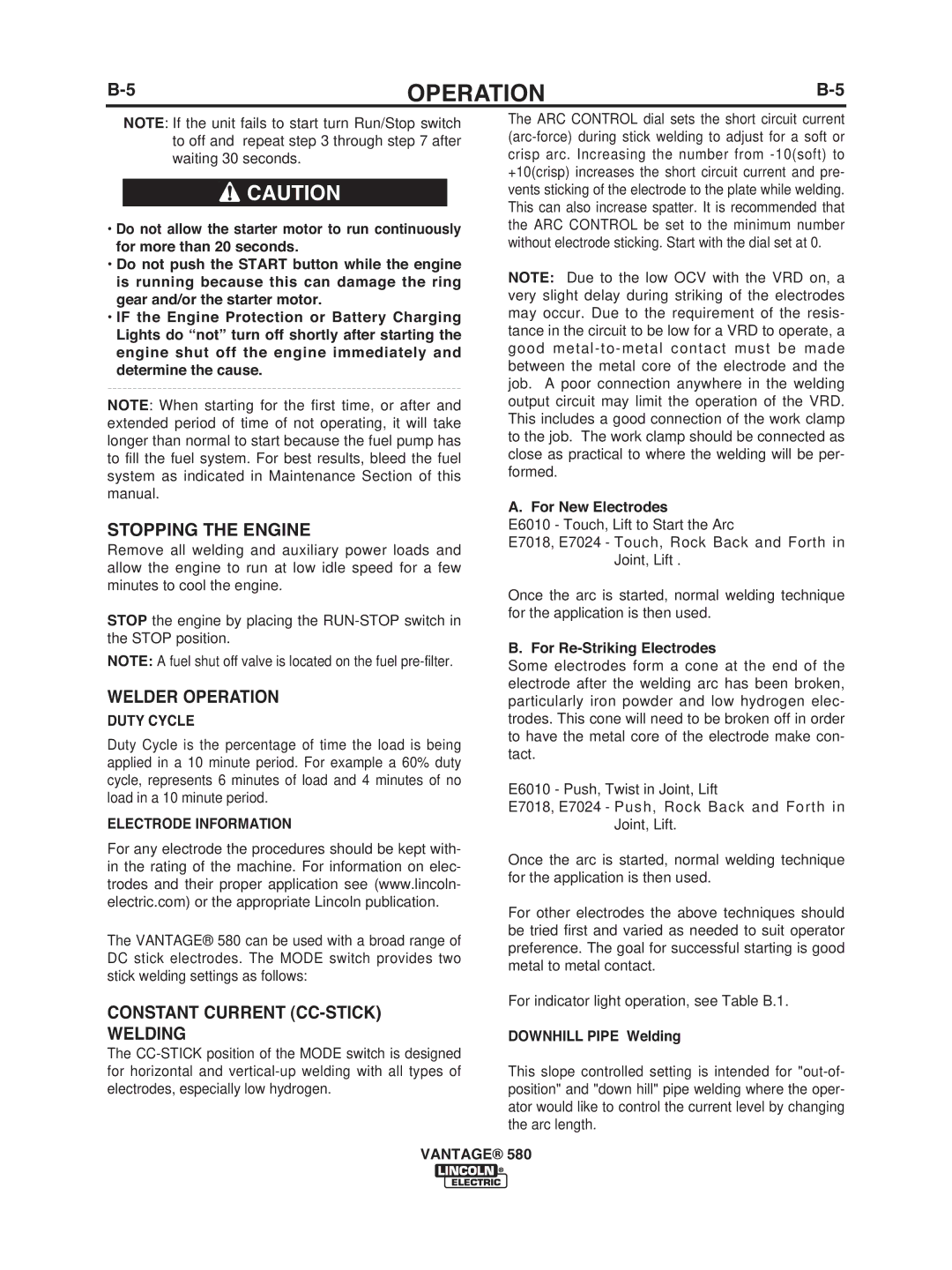 Lincoln Electric IM10064 manual Stopping the Engine, Welder Operation, Constant Current CC-STICK Welding, Duty Cycle 