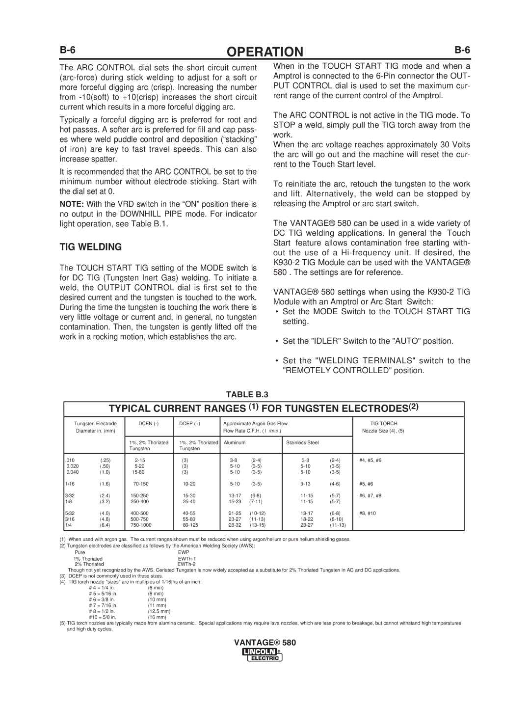 Lincoln Electric IM10064 manual TIG Welding, Typical Current Ranges 1 for Tungsten ELECTRODES2, Table B.3 