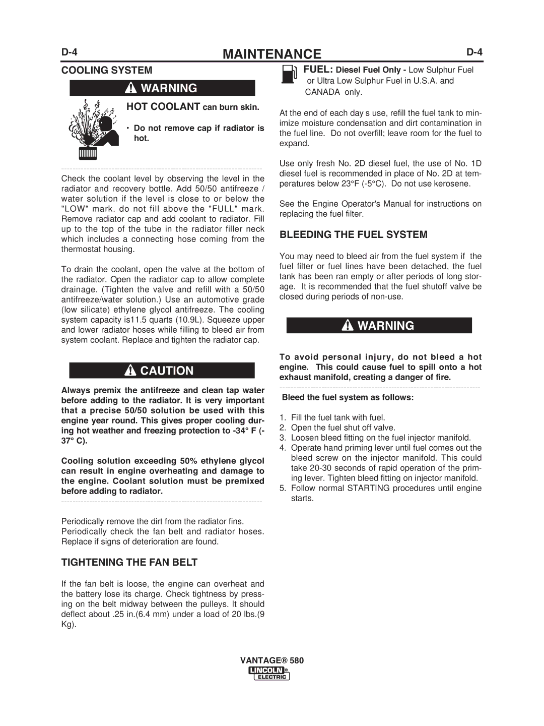 Lincoln Electric IM10064 manual Cooling System, Tightening the FAN Belt, Bleeding the Fuel System 