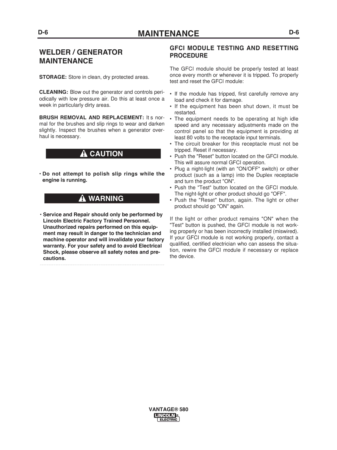 Lincoln Electric IM10064 manual Welder / Generator Maintenance, Gfci Module Testing and Resetting Procedure 