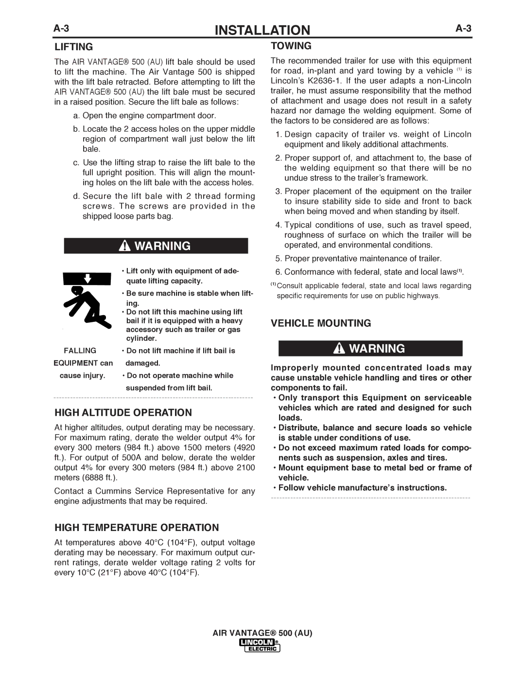 Lincoln Electric IM10066 manual Lifting, High Altitude Operation, High Temperature Operation, Towing, Vehicle Mounting 