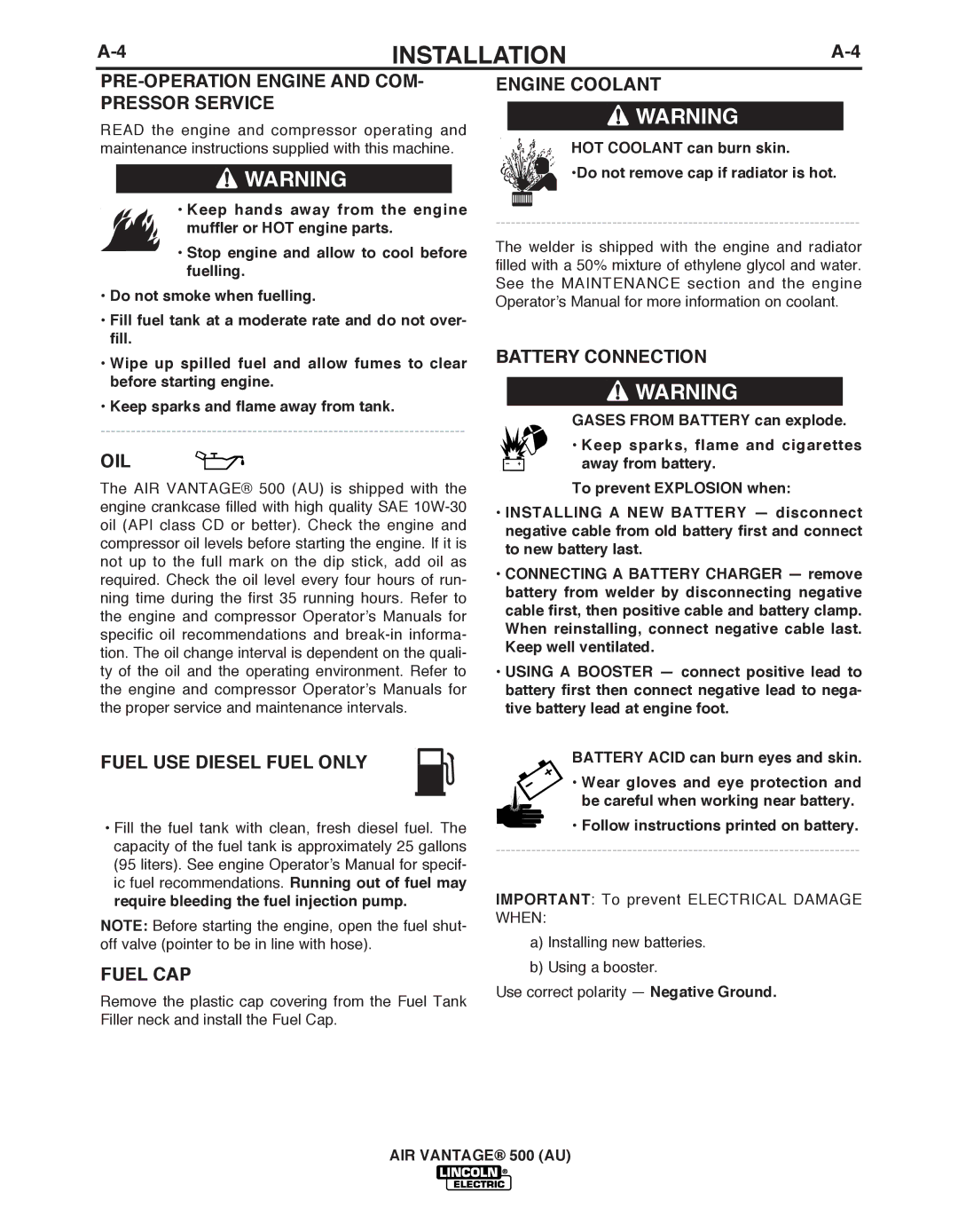 Lincoln Electric IM10066 manual PRE-OPERATION Engine and COM- Pressor Service, Oil, Fuel USE Diesel Fuel only, Fuel CAP 