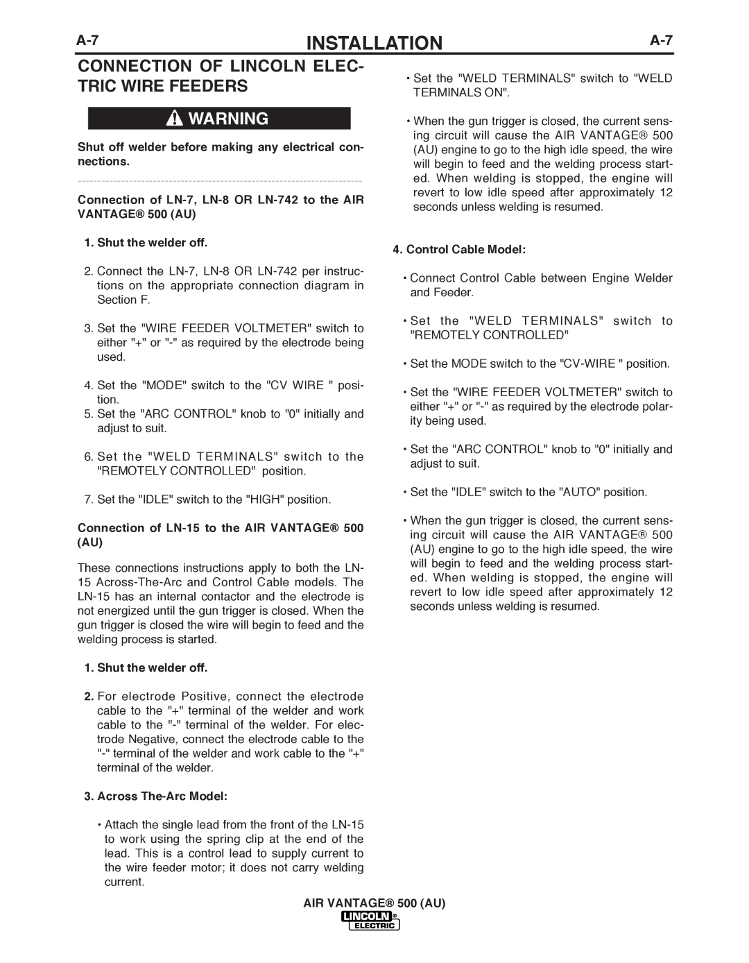Lincoln Electric IM10066 Connection of Lincoln ELEC- Tric Wire Feeders, Connection of LN-15 to the AIR Vantage 500 AU 