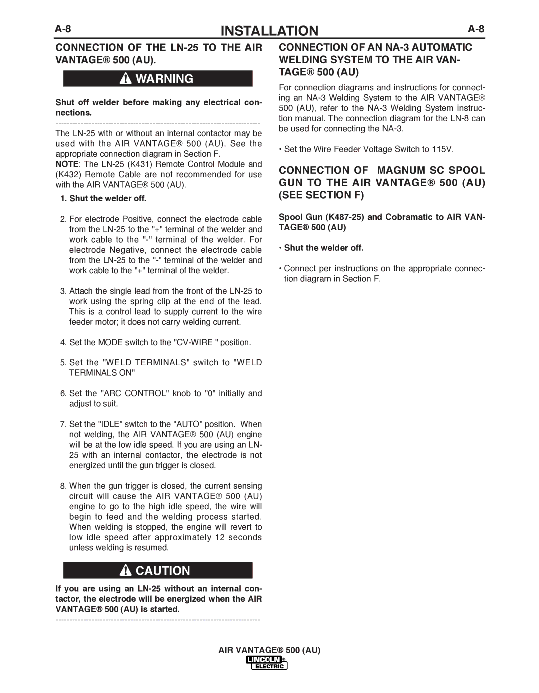 Lincoln Electric IM10066 manual Connection of the LN-25 to the AIR Vantage 500 AU 