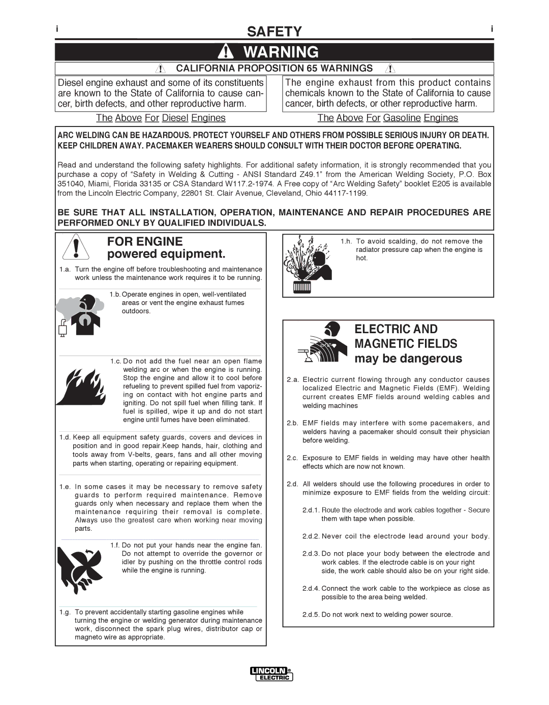 Lincoln Electric IM10066 manual Safety, California Proposition 65 Warnings 