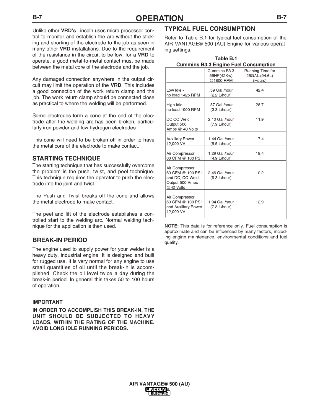 Lincoln Electric IM10066 manual Starting Technique, BREAK-IN Period, Typical Fuel Consumption 