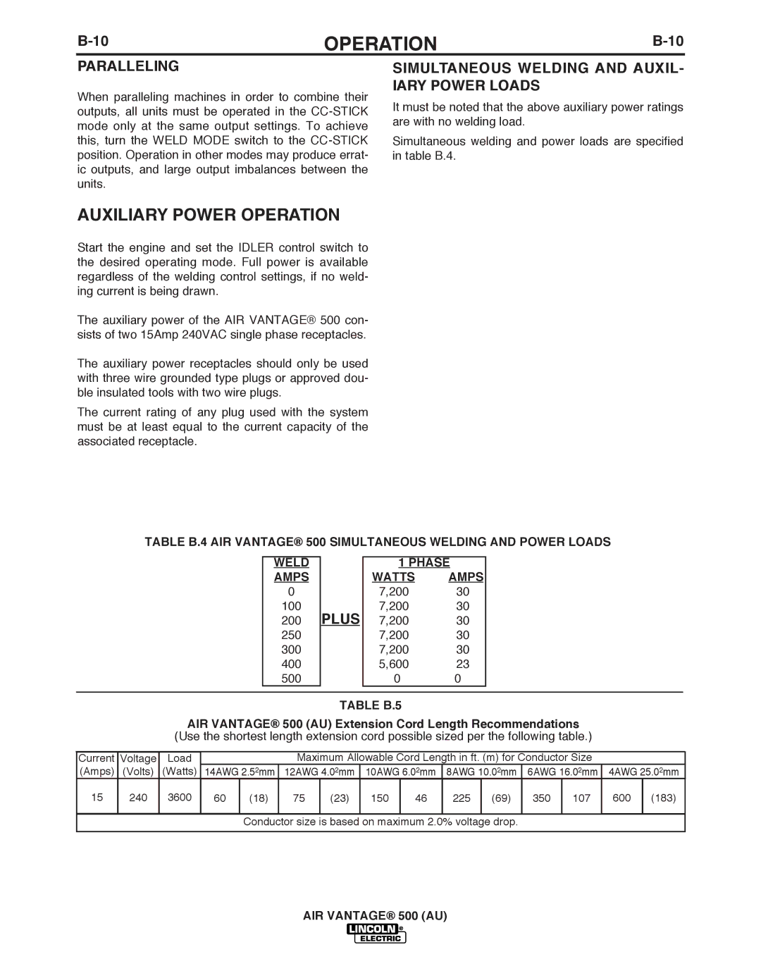 Lincoln Electric IM10066 Auxiliary Power Operation, Paralleling, Simultaneous Welding and AUXIL- Iary Power Loads, Plus 