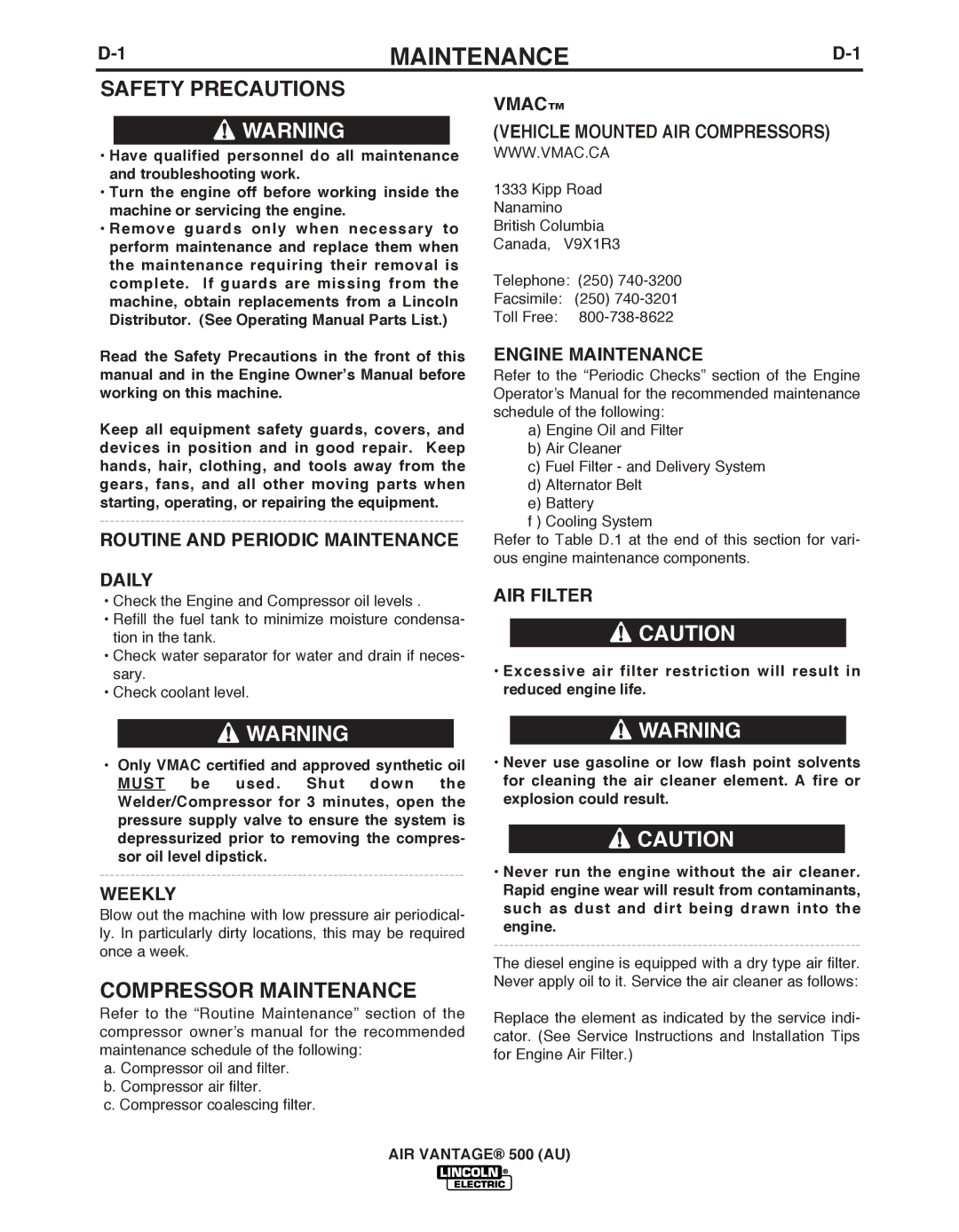 Lincoln Electric IM10066 manual Compressor Maintenance 