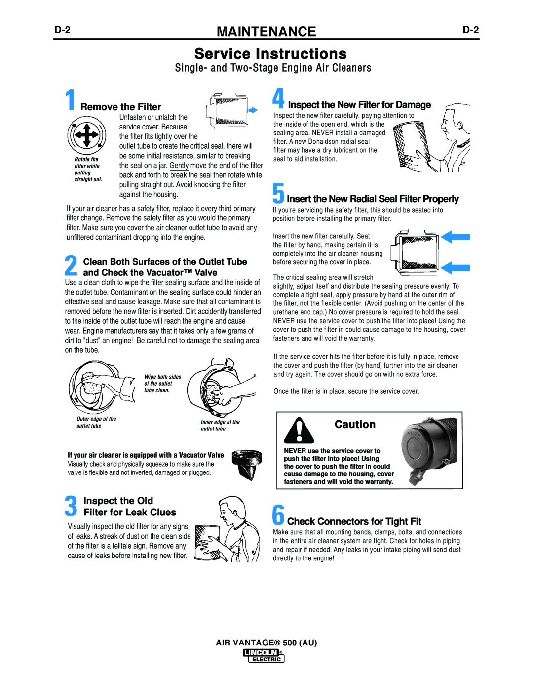 Lincoln Electric IM10066 manual Service Instructions, Single- and Two-StageEngine Air Cleaners 