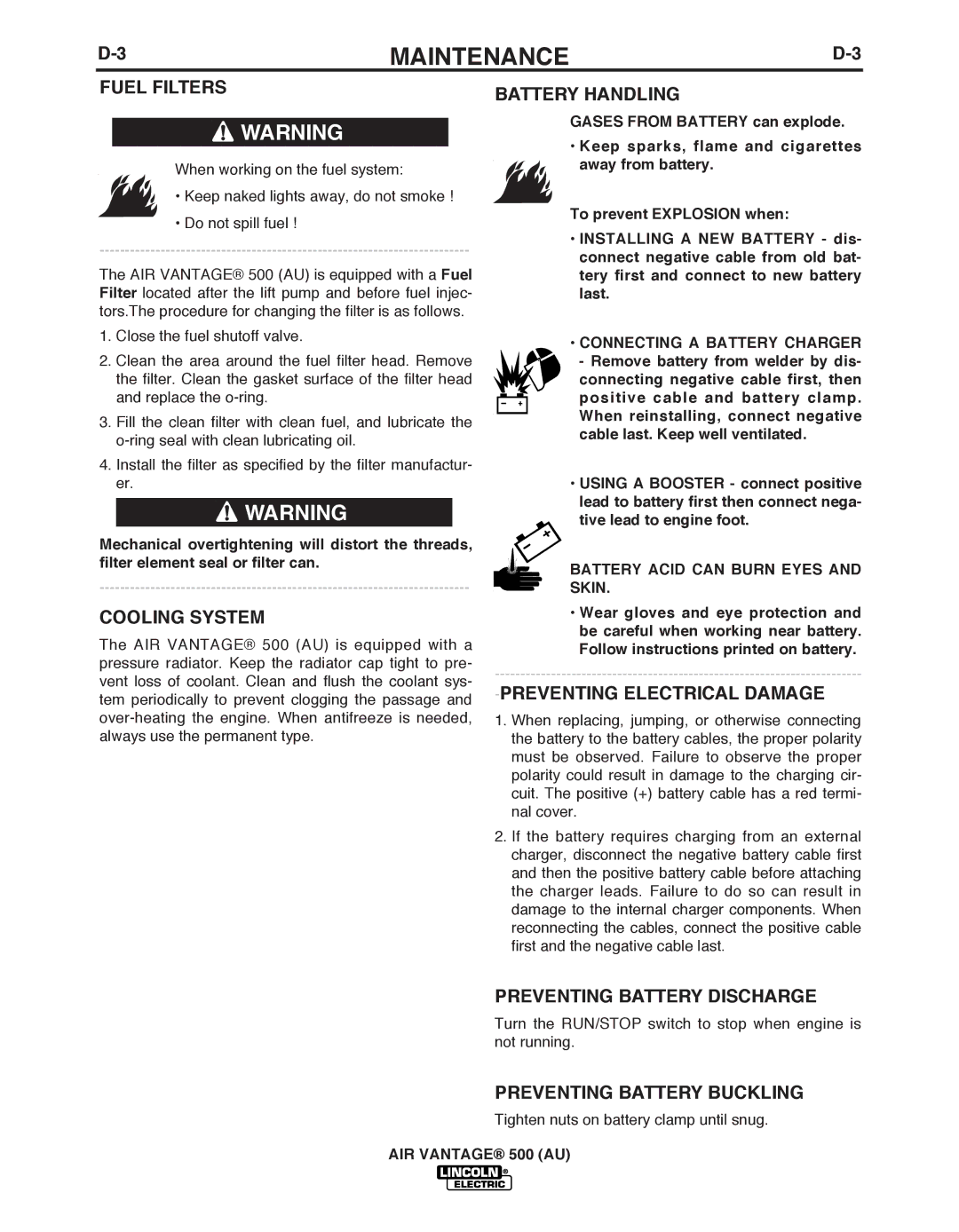 Lincoln Electric IM10066 manual Fuel Filters, Cooling System, Preventing Electrical Damage 