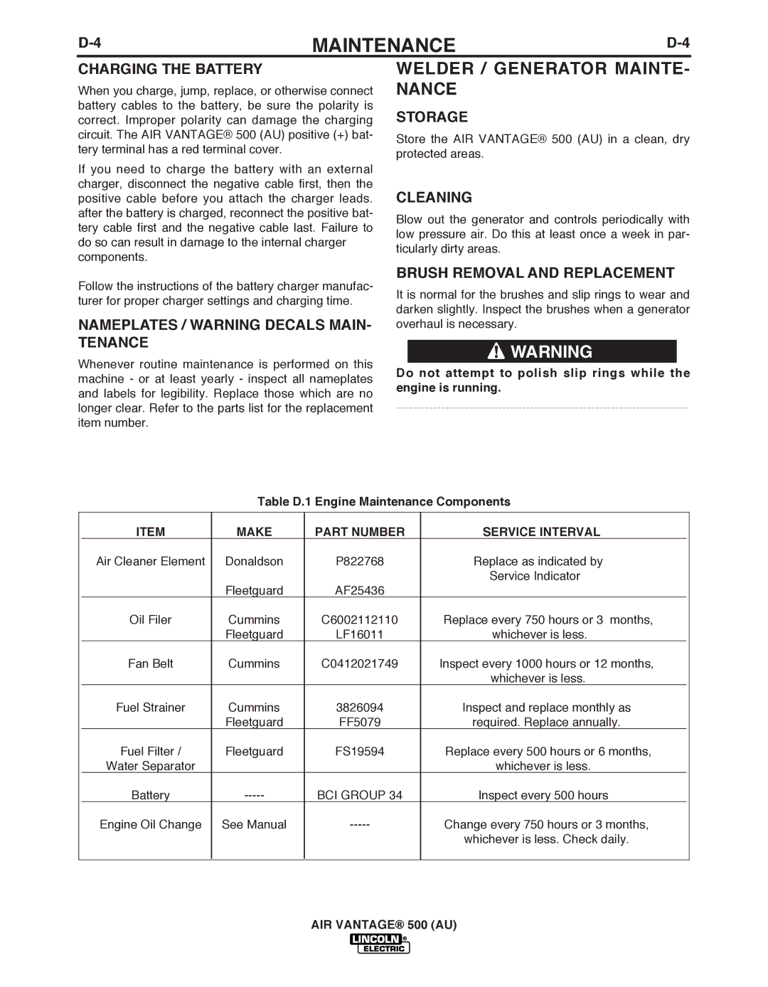 Lincoln Electric IM10066 Welder / Generator MAINTE- Nance, Storage, Cleaning, Nameplates / Warning Decals MAIN- Tenance 