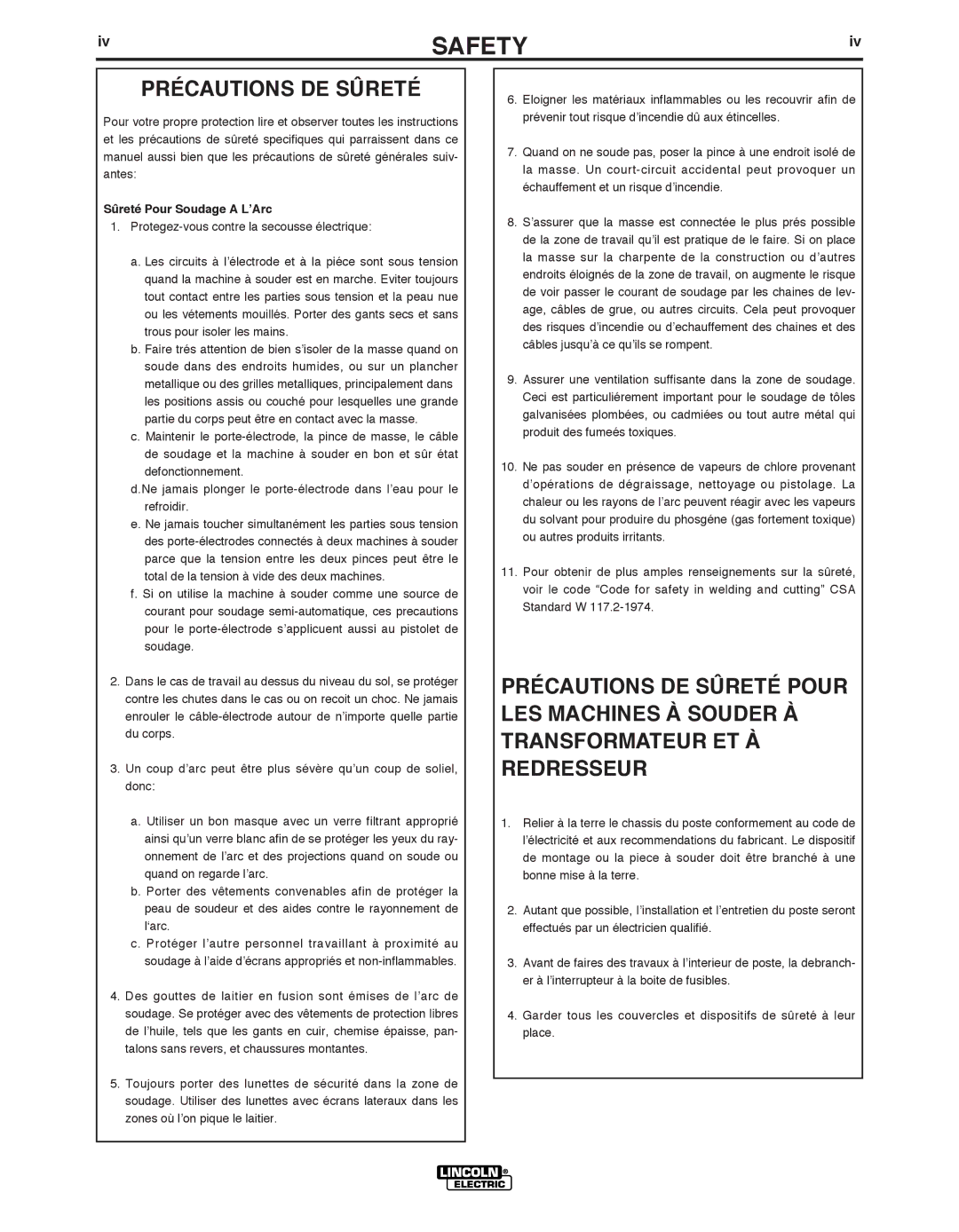 Lincoln Electric IM10066 manual IvSAFETY, Précautions DE Sûreté 