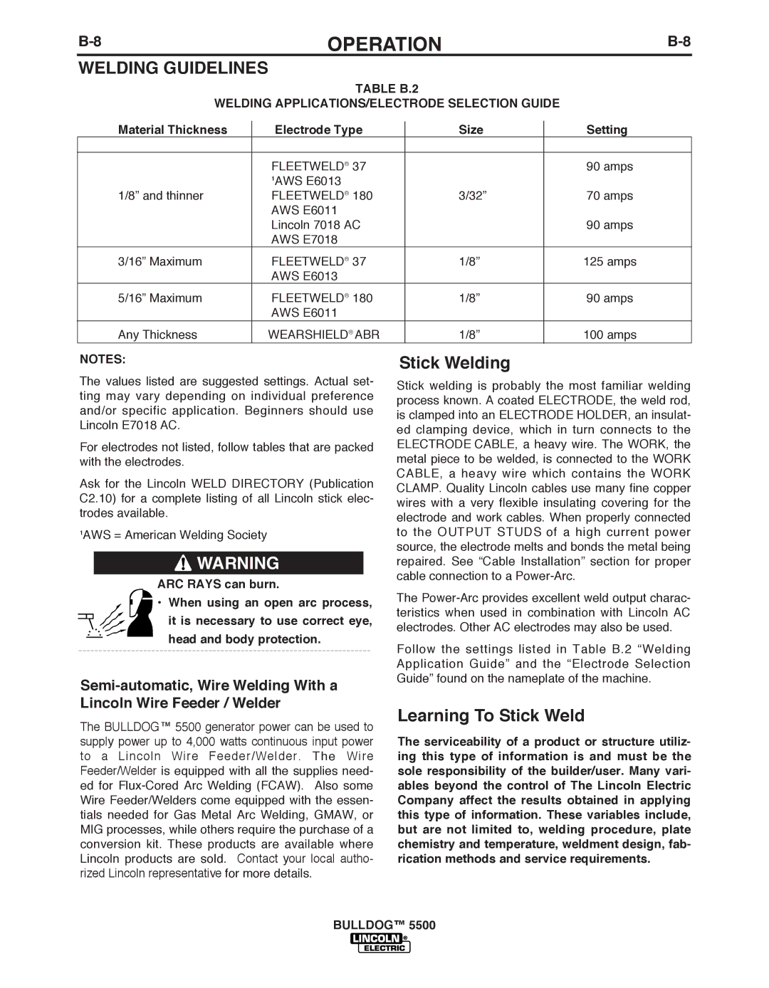 Lincoln Electric IM10074 manual Welding Guidelines, TAbLE b.2, Welding APPLICATIONS/ELECTRODE Selection Guide 