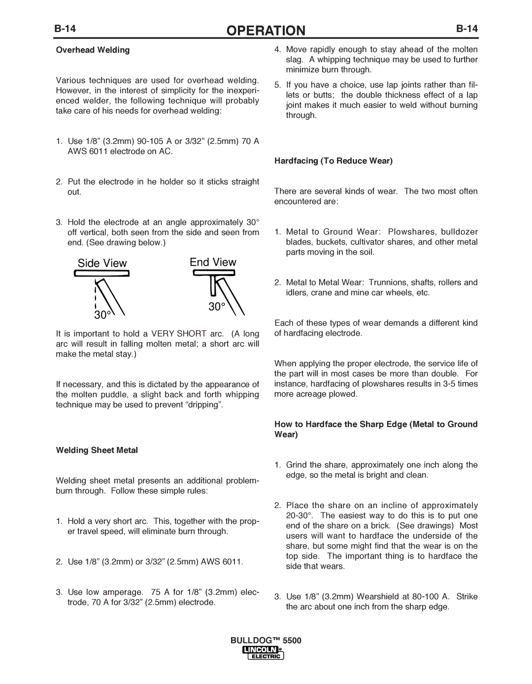 Lincoln Electric IM10074 manual Overhead Welding, Hardfacing To Reduce Wear, Welding Sheet Metal 