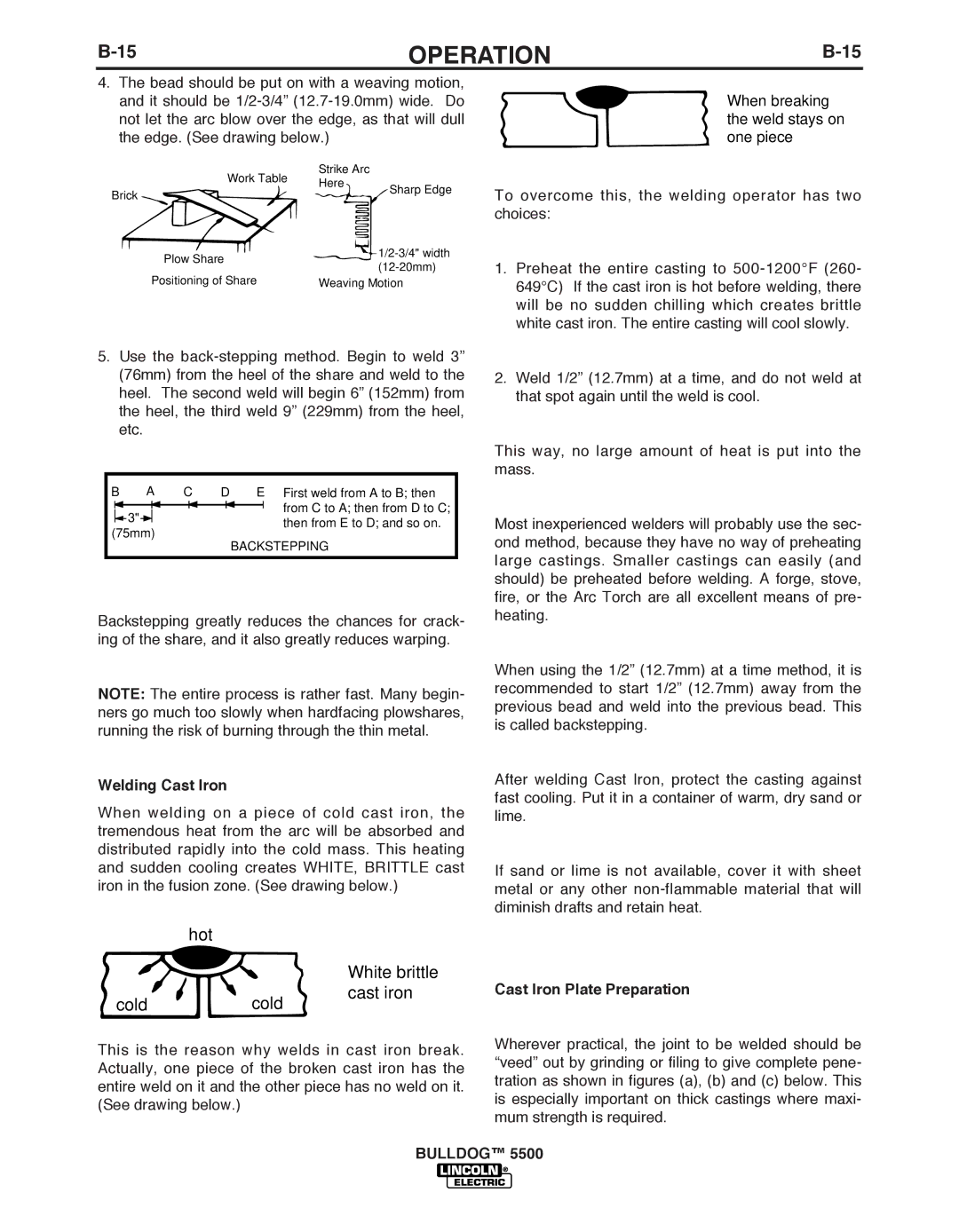 Lincoln Electric IM10074 manual Welding Cast Iron, Cast Iron Plate Preparation 