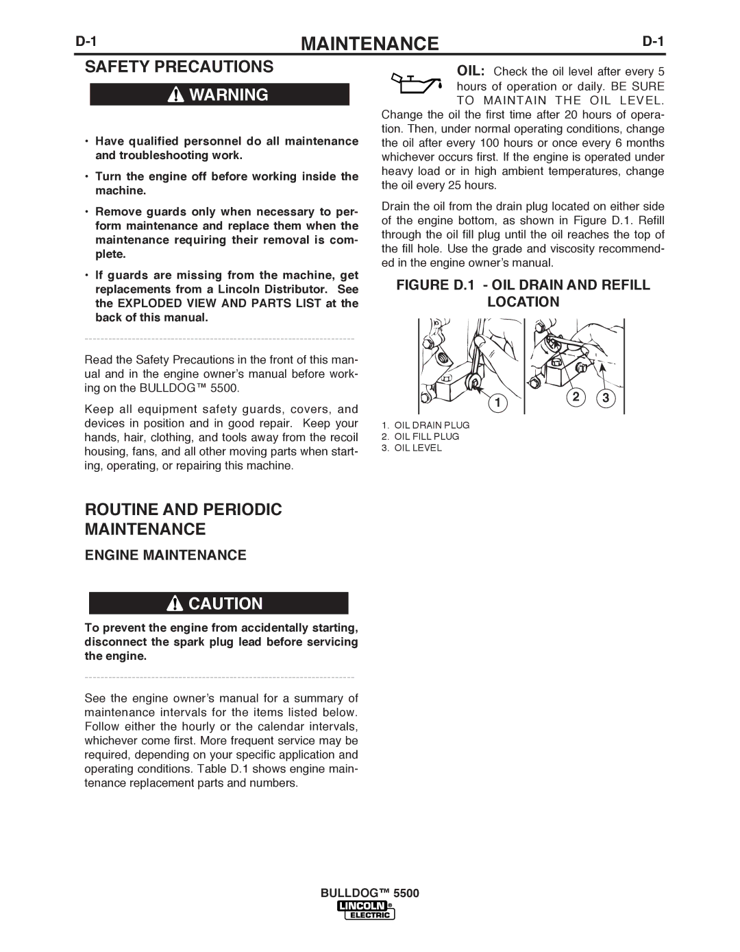 Lincoln Electric IM10074 manual Routine and Periodic Maintenance, Engine Maintenance 