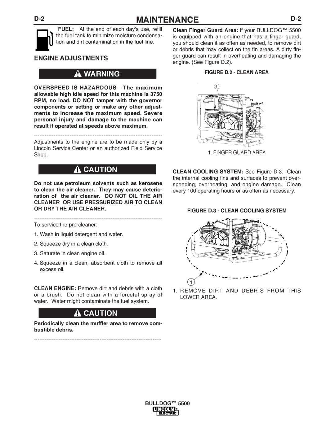 Lincoln Electric IM10074 manual Engine Adjustments, Figure D.2 Clean Area 