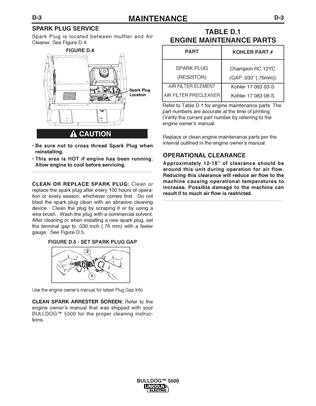 Lincoln Electric IM10074 manual Engine Maintenance Parts, Spark Plug Service, Operational Clearance, Part Kohler 