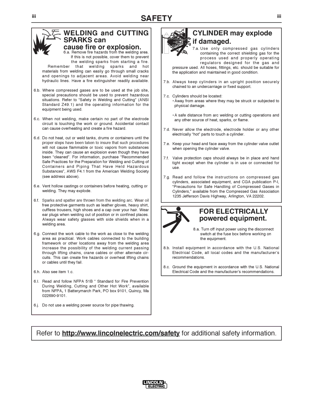 Lincoln Electric IM10074 manual Welding and Cutting Sparks can Cause fire or explosion, Iii 