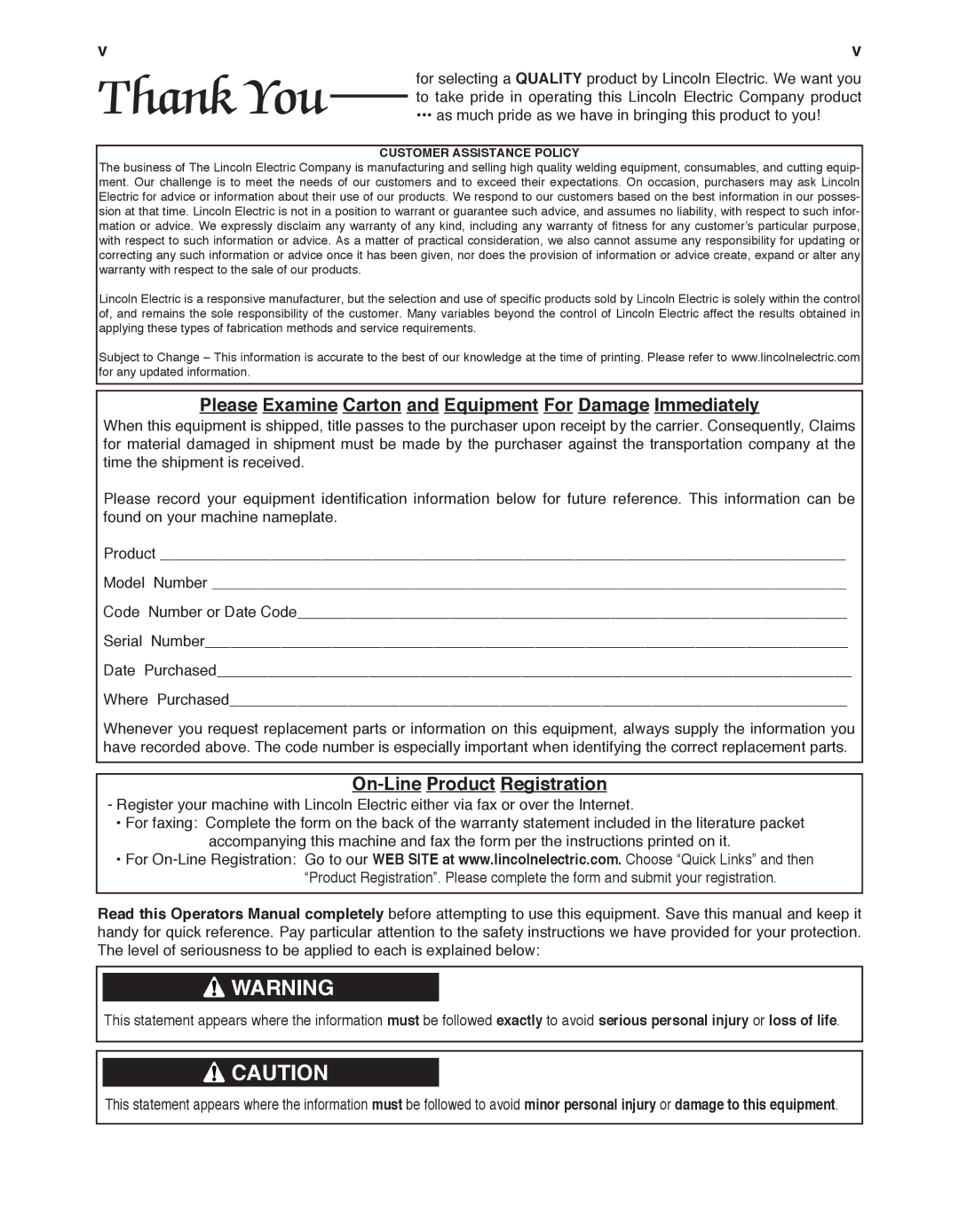 Lincoln Electric IM10074 manual Please Examine Carton and Equipment For Damage Immediately, On-Line Product Registration 