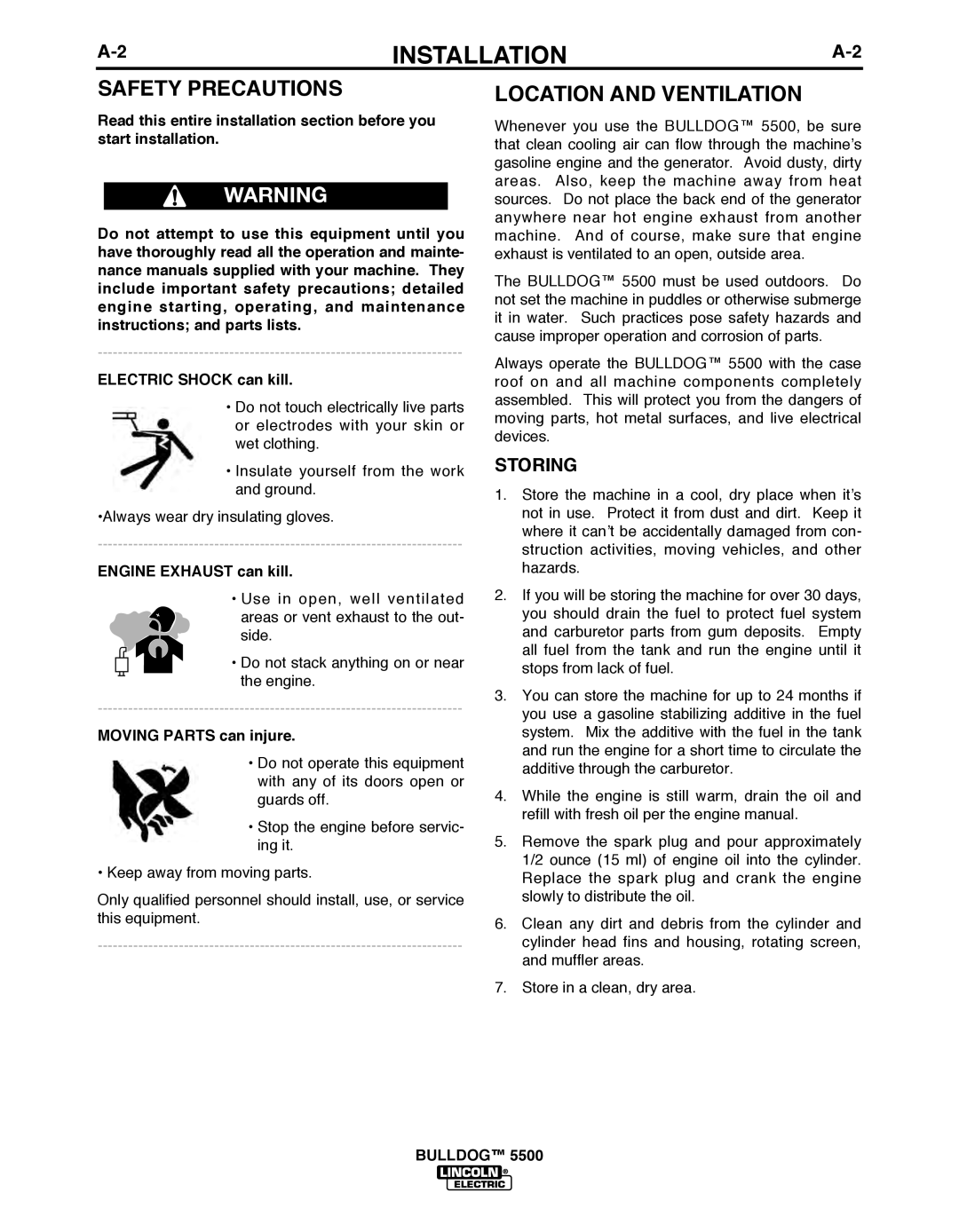 Lincoln Electric IM10074 manual Safety Precautions, Location and Ventilation, Storing, Engine Exhaust can kill 