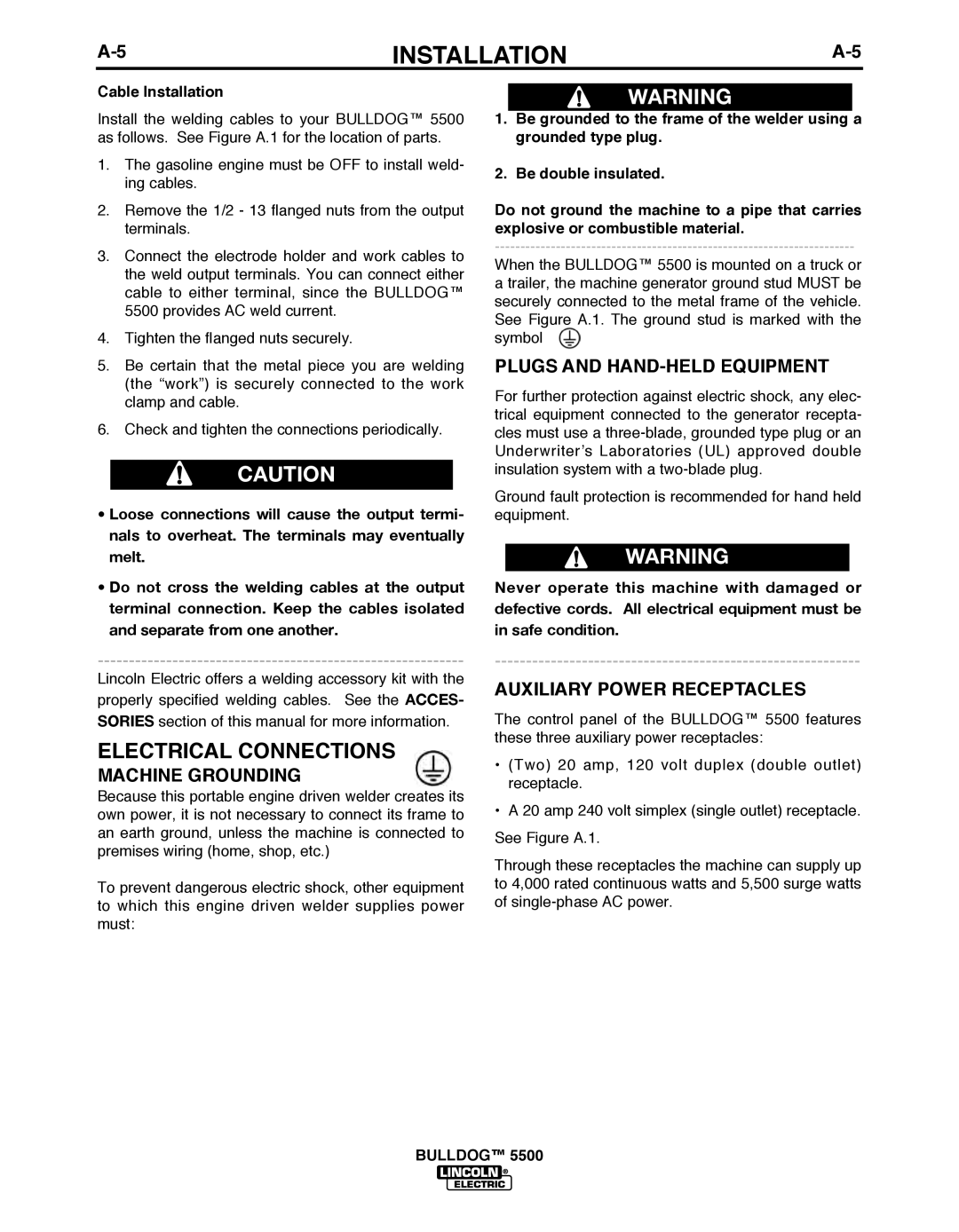 Lincoln Electric IM10074 A-5INSTALLATIONA-5, Electrical Connections, Cable Installation, be double insulated, bULLDOG 