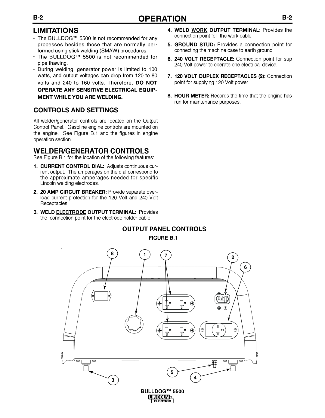 Lincoln Electric IM10074 Limitations, Welder/Generator Controls, Operation, Controls And Settings, FIGURE b.1, bULLDOG 