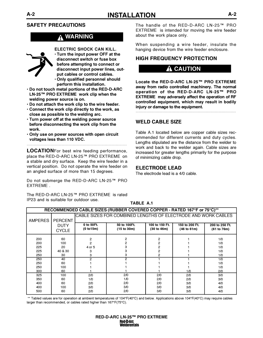 Lincoln Electric IM10078 specifications Safety PRECAuTIONS, HIGh FREQuENCY Protection, Weld CAbLE SIzE, Electrode Lead 