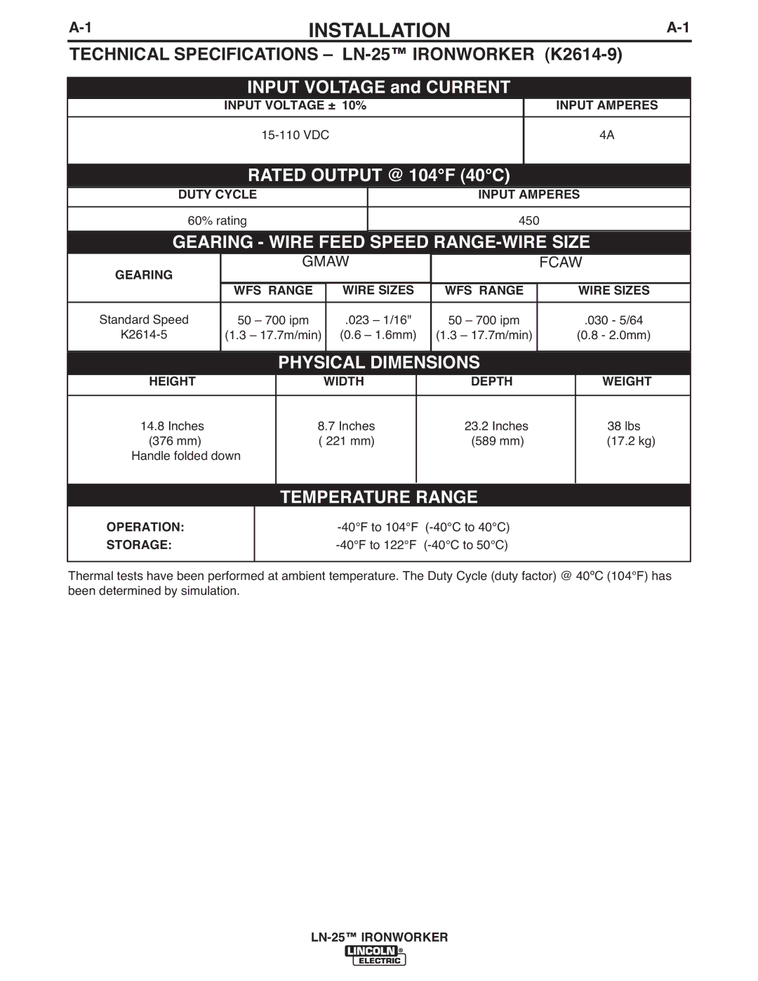 Lincoln Electric IM10084 manual Installation, Technical Specifications LN-25 Ironworker K2614-9 