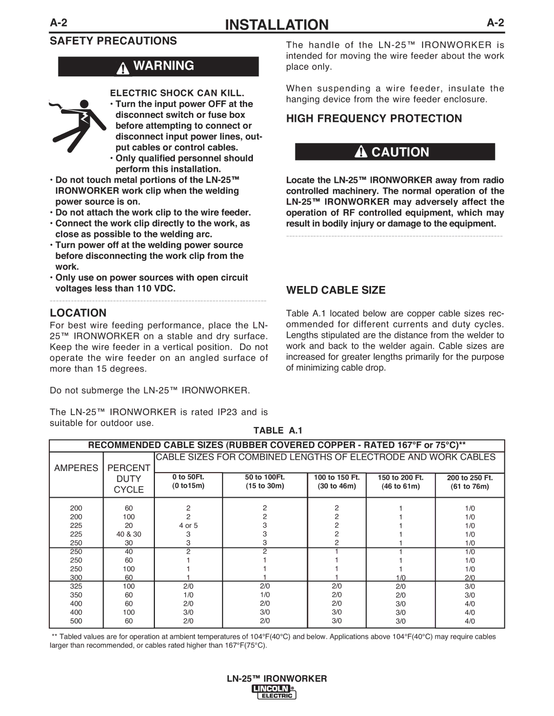 Lincoln Electric IM10084 Safety Precautions, High Frequency Protection, Weld Cable Size Location, ELECTRIC SHOCK can Kill 