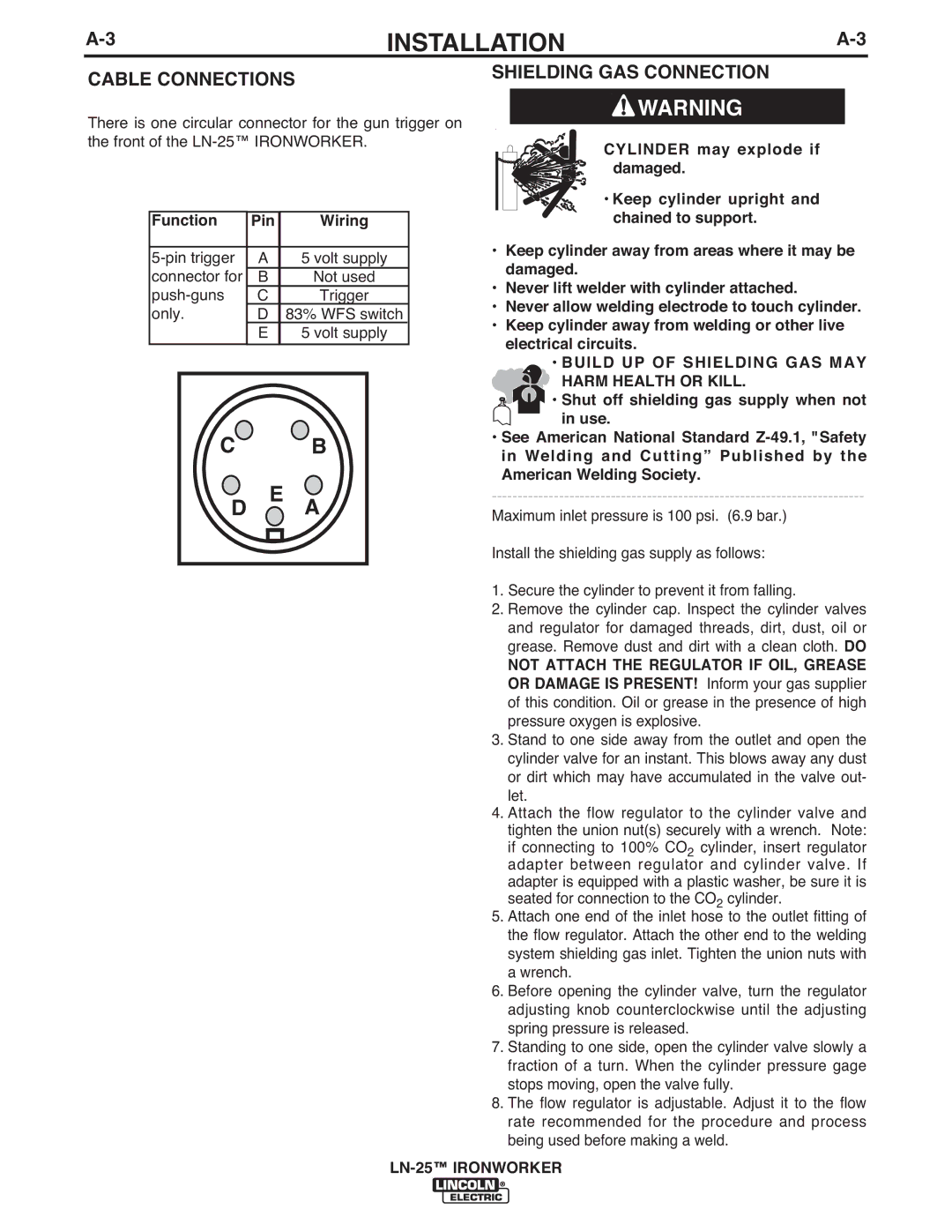 Lincoln Electric IM10084 manual Cable Connections, Shielding GAS Connection, Function Pin Wiring 