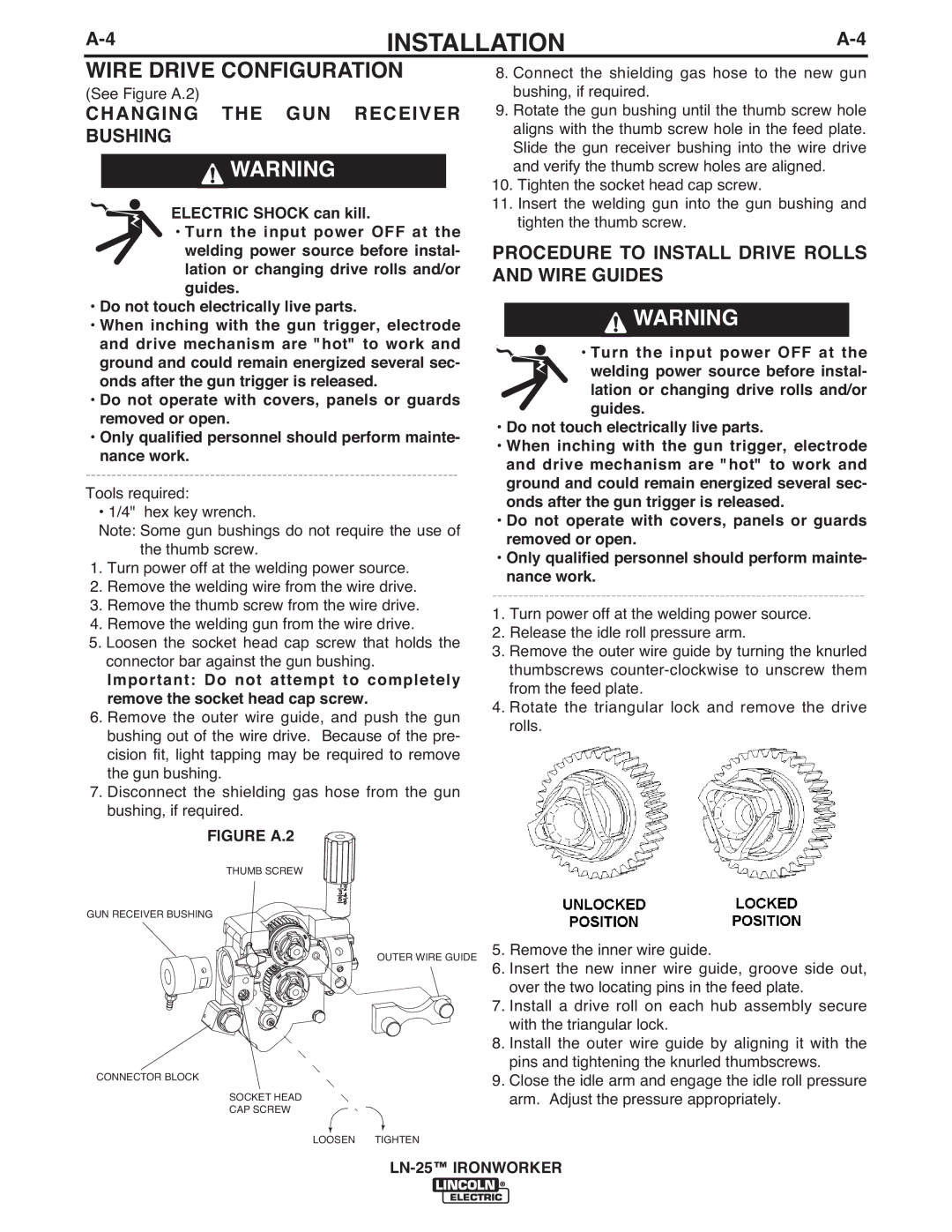 Lincoln Electric IM10084 manual Wire Drive Configuration, Changing the GUN Receiver Bushing 