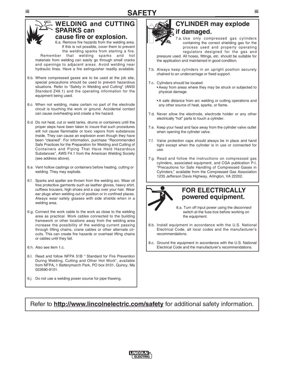 Lincoln Electric IM10084 manual Welding and Cutting Sparks can Cause fire or explosion, Iii 