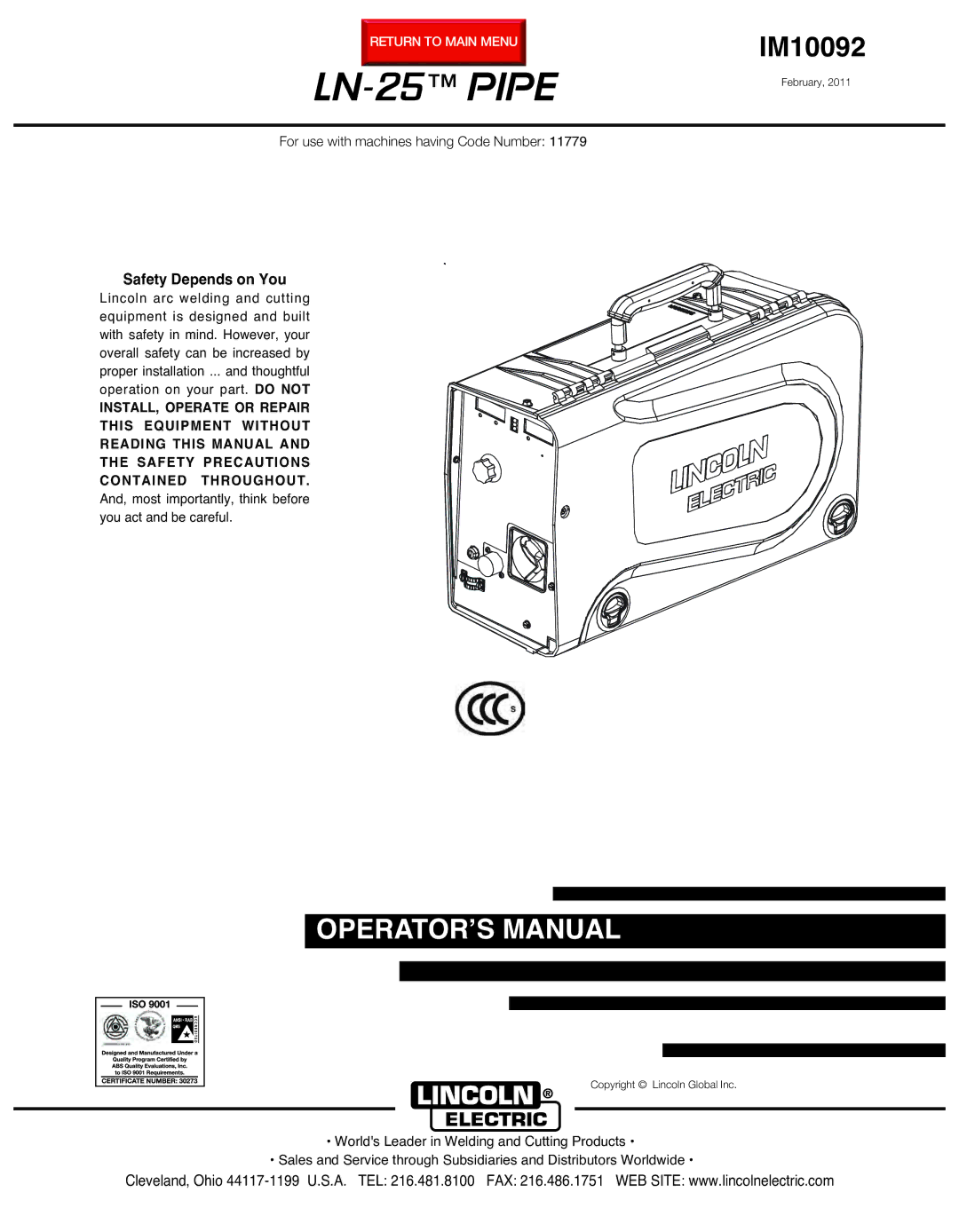 Lincoln Electric IM10092 manual LN-25PIPE, Safety Depends on You 