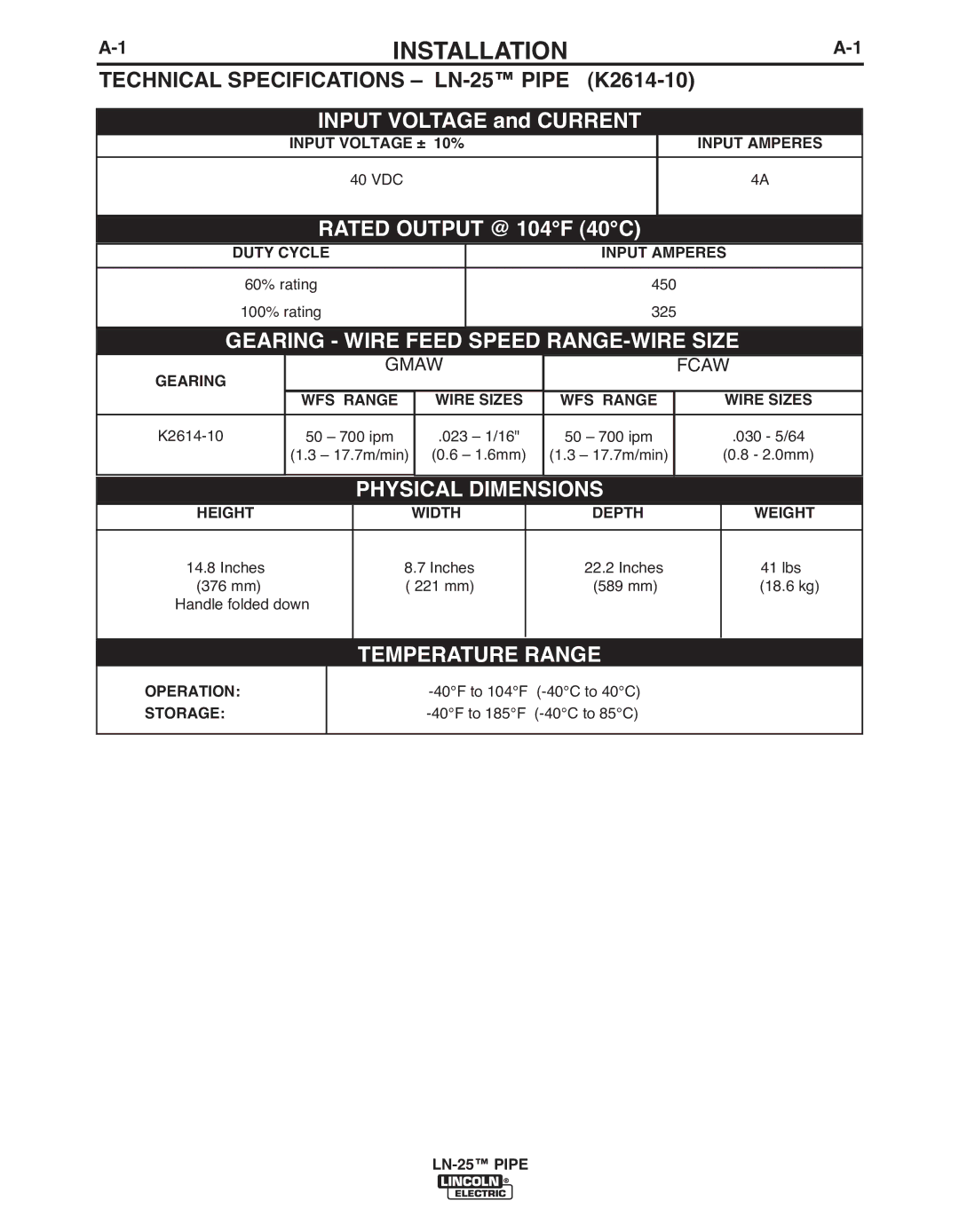 Lincoln Electric IM10092 manual Installation, Technical Specifications LN-25 Pipe K2614-10, Wire SIzES 
