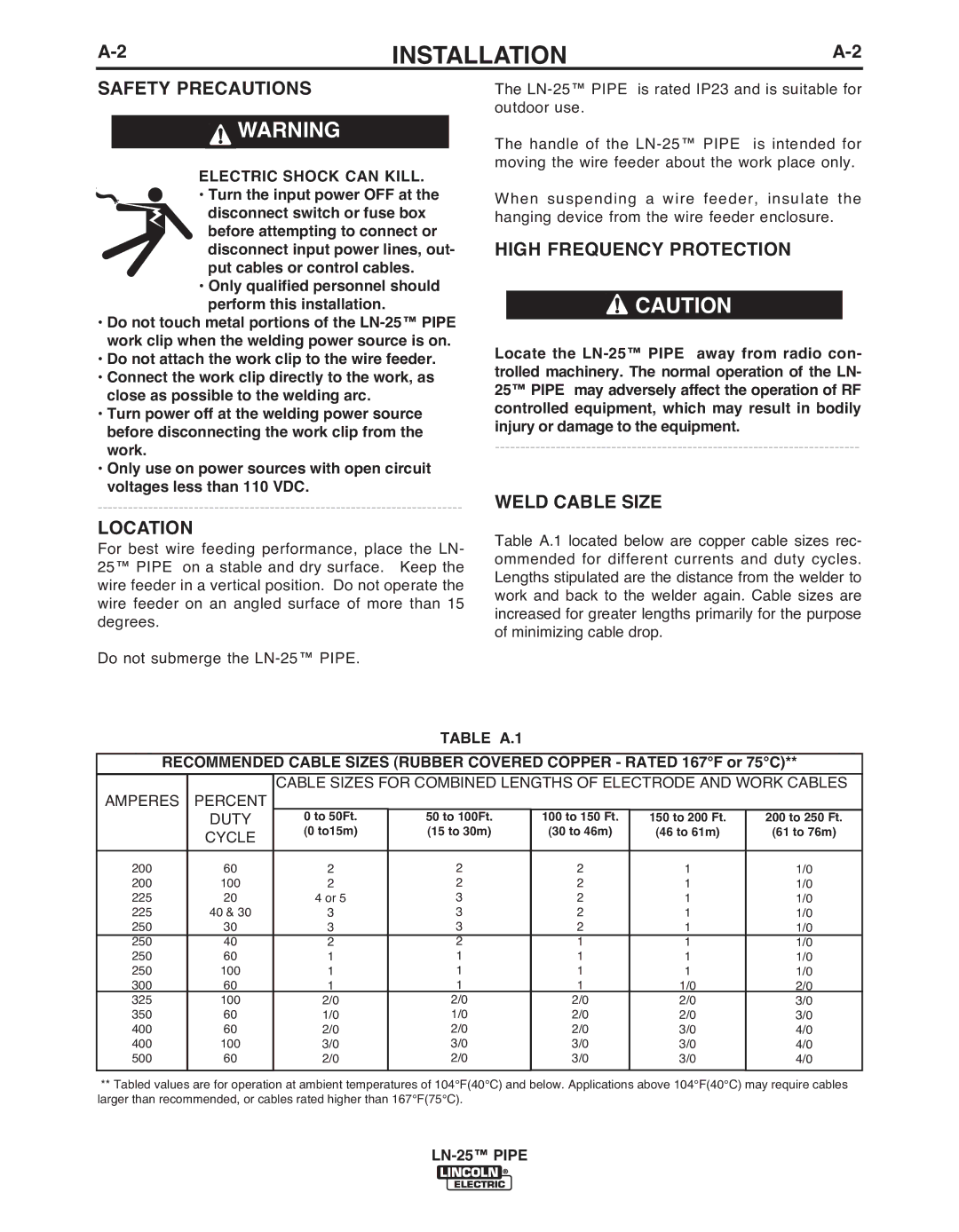 Lincoln Electric IM10092 manual Safety Precautions, Location, High Frequency Protection, Weld CAbLE SIzE 