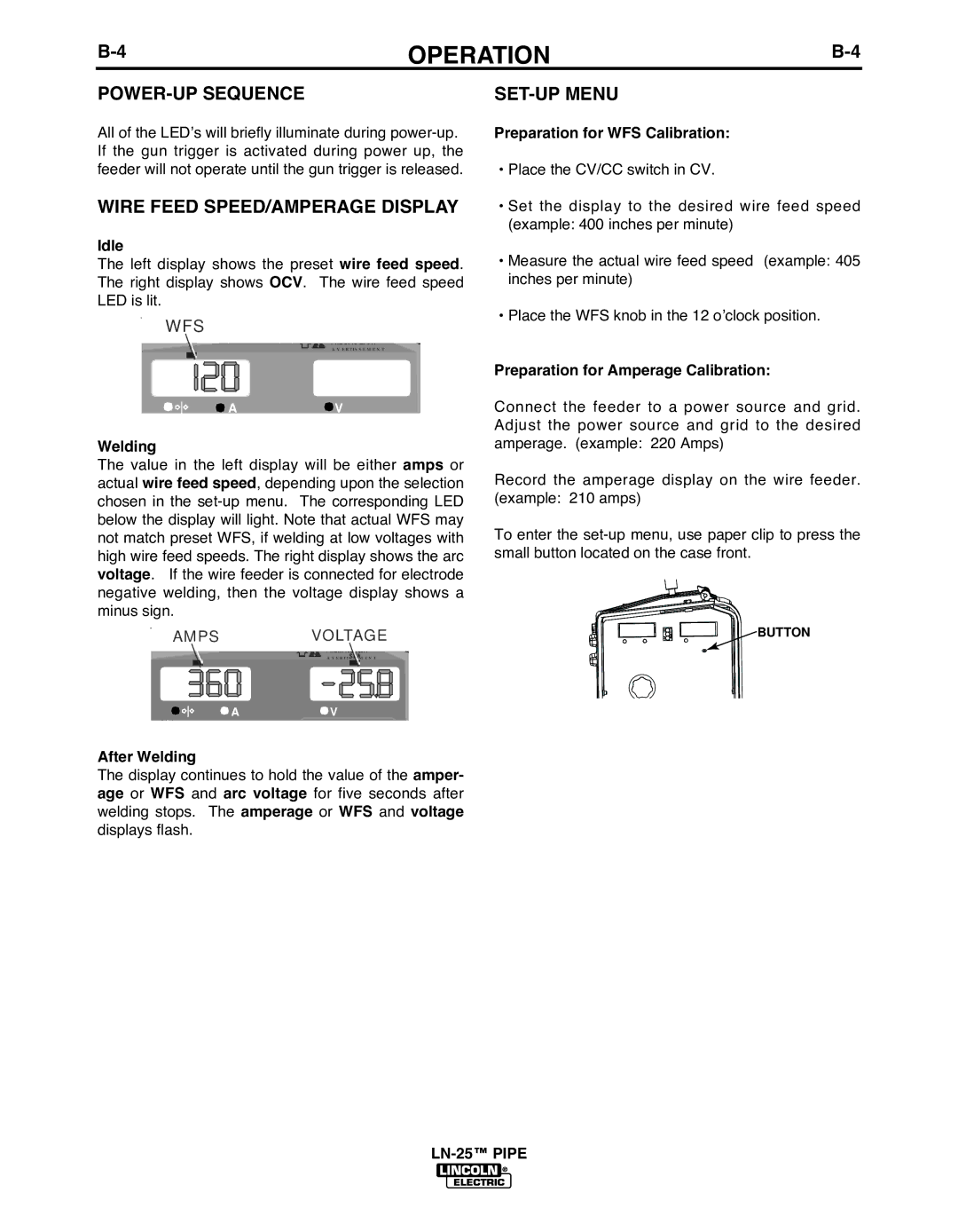 Lincoln Electric IM10092 manual POWER-UP Sequence, Wire Feed SPEED/AMPERAGE Display, SET-UP Menu 