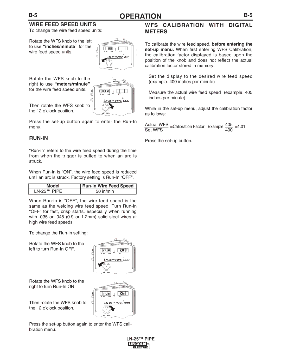 Lincoln Electric IM10092 Wire Feed Speed Units, WFS CALIbRATION with Digital Meters, Run-In, Model Run-in Wire Feed Speed 