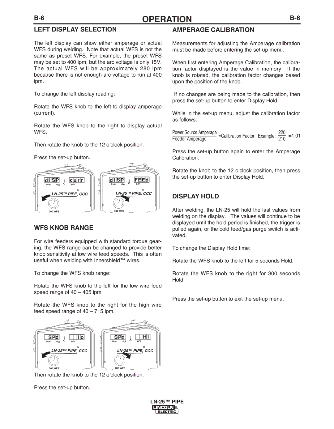 Lincoln Electric IM10092 manual Left Display Selection, Amperage CALIbRATION, Display Hold, WFS KNOb Range 