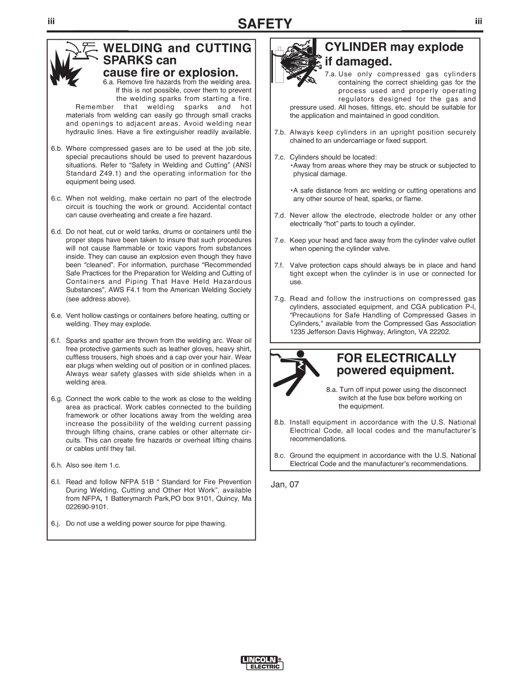 Lincoln Electric IM278-D manual Welding and Cutting Sparks can Cause fire or explosion 